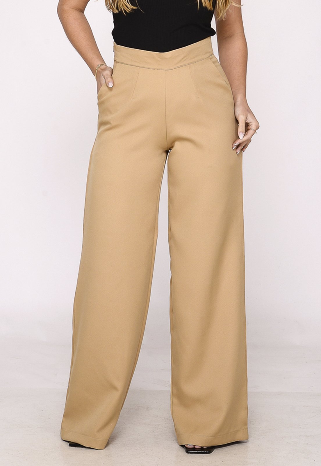 Imagem principal Calça Social Macaw Feminina Pantalona Cintura Alta Elegância e Conforto Macaw bege