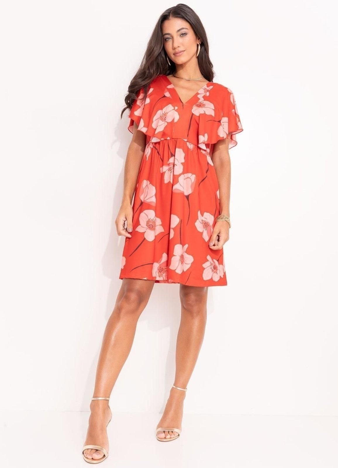 Imagem principal Vestido Curto Malha Fria Flores Colorido Quintess vermelho