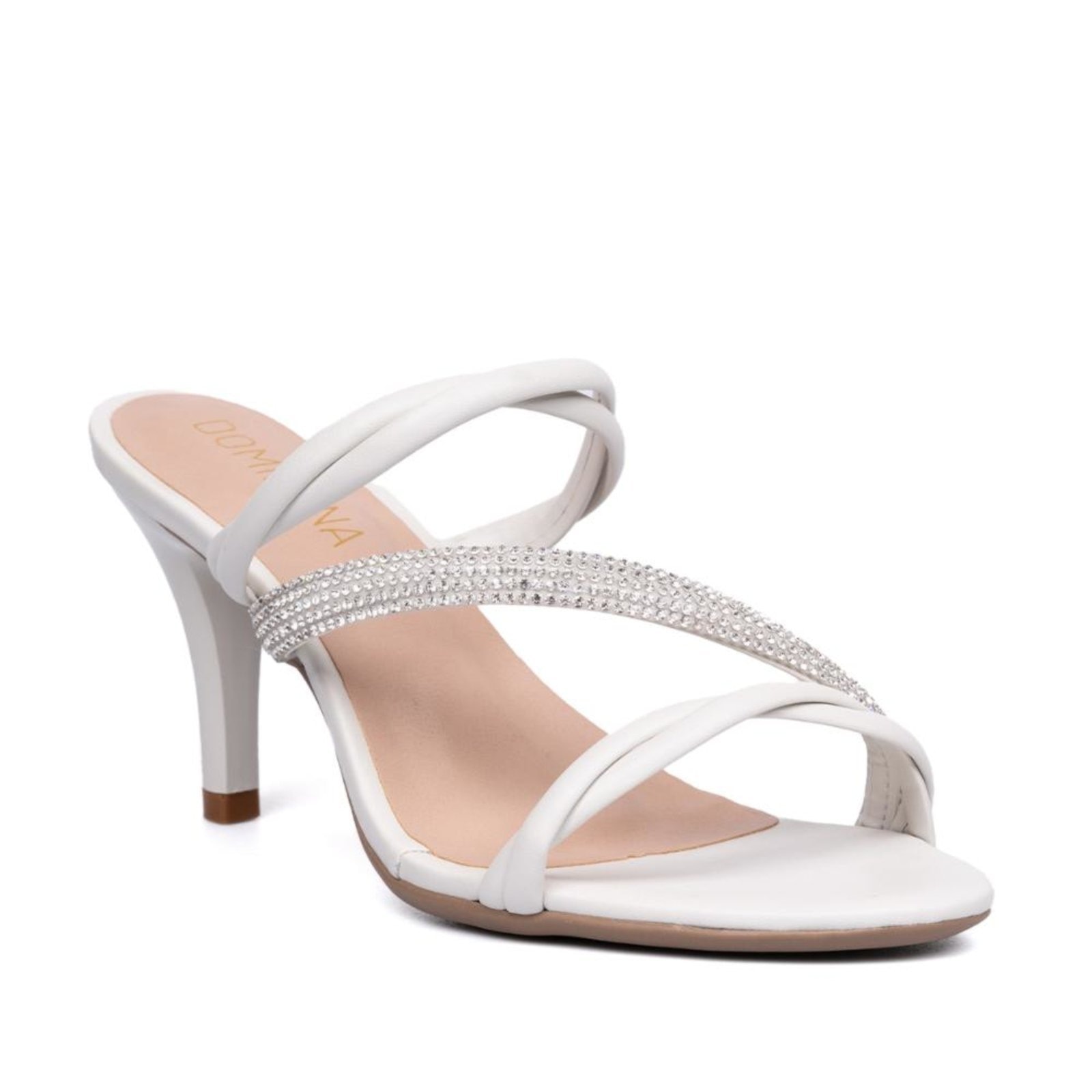Imagem principal Sandália Feminina Tiras Triplas Cruzadas Com Strass e Salto Alto Fino Off White Domidona off-white white