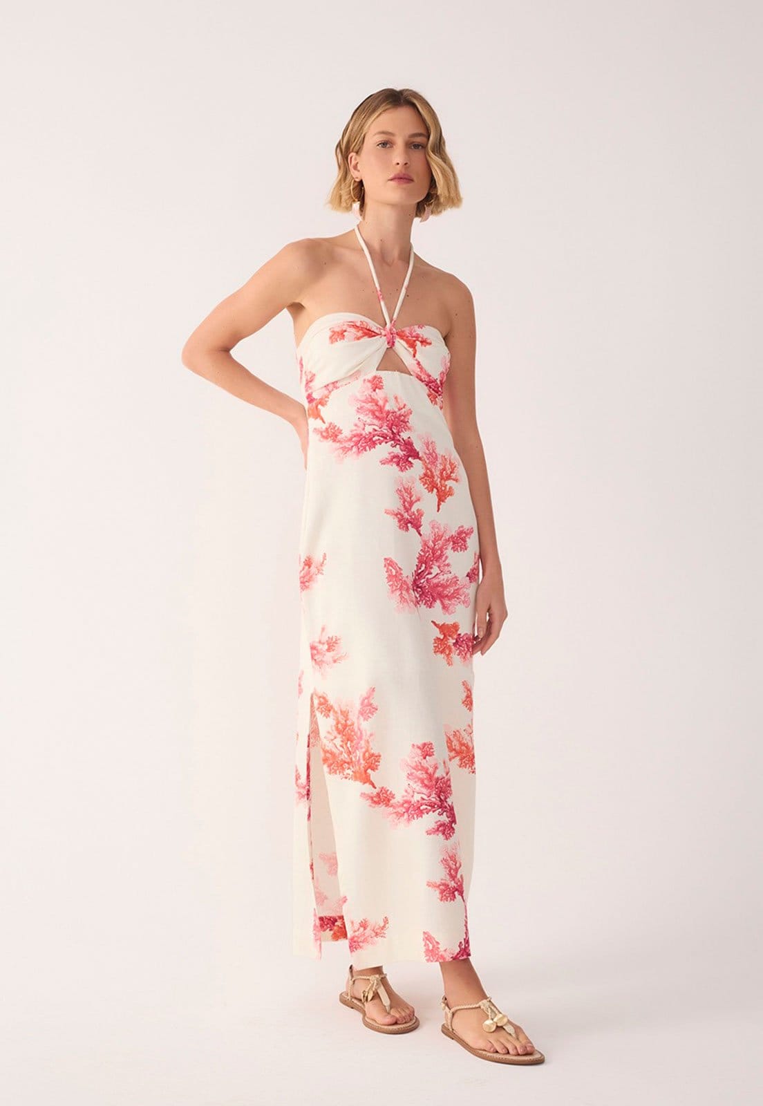 Vestido Feminino Dress To Cropped Linho Estampa Coral Off-White