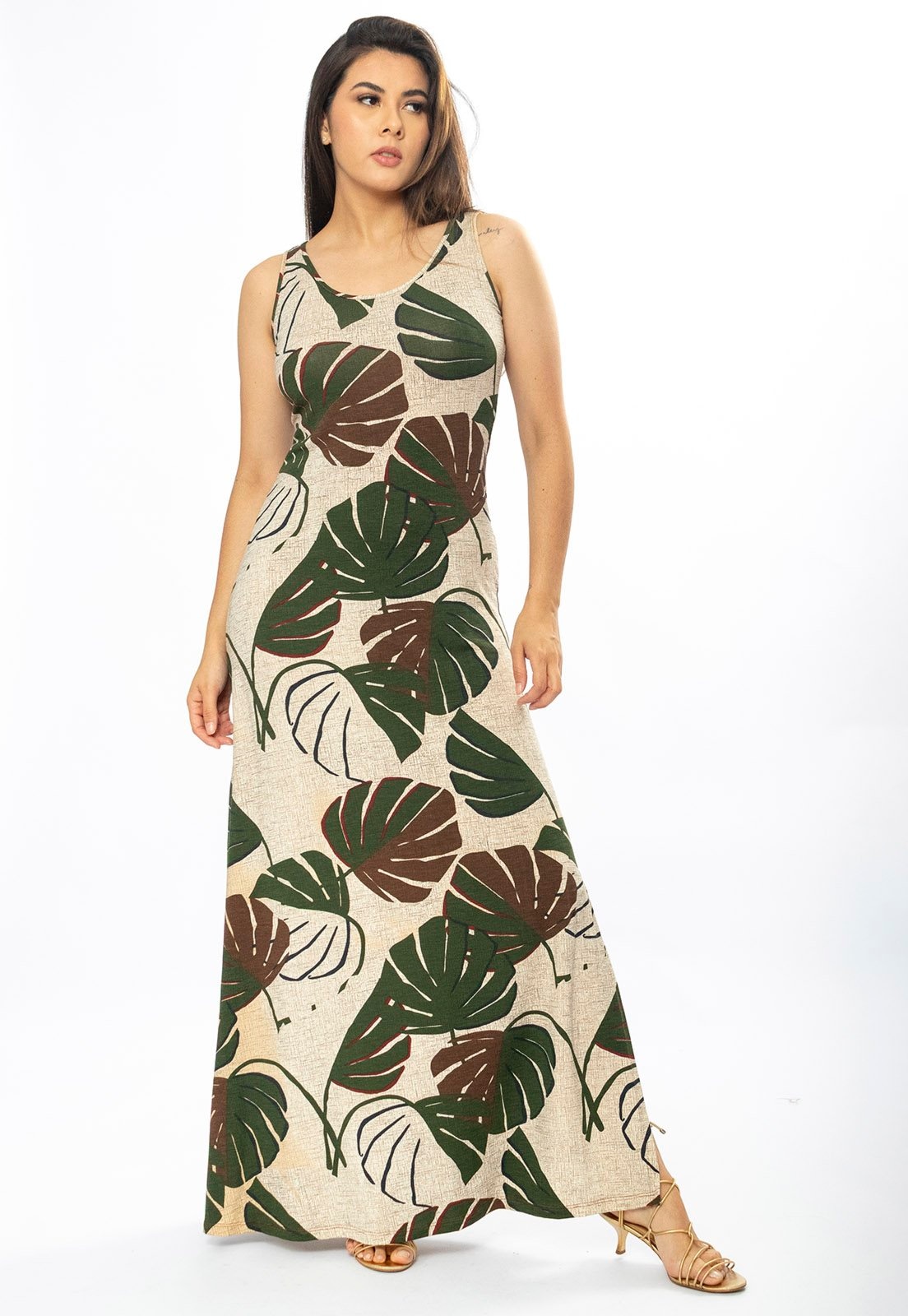 Imagem principal Vestido Longo Amazônia Vital Butiá Malha Regata Estampa Folhagem Verde e Marrom Amazonia Vital bege/verde verde