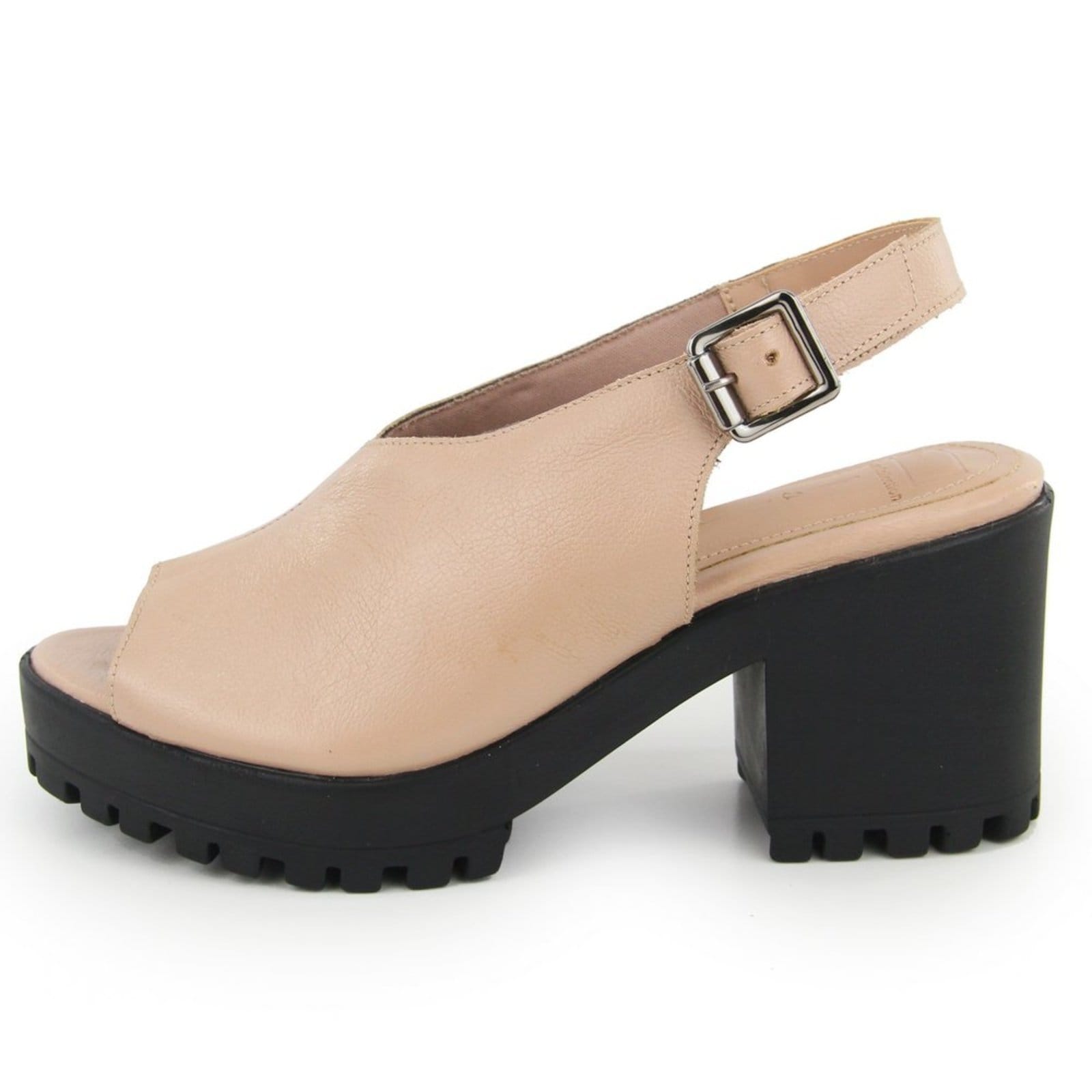 Sandália Tratorada em Couro Salto Bloco Fechamento em V Maria Paula