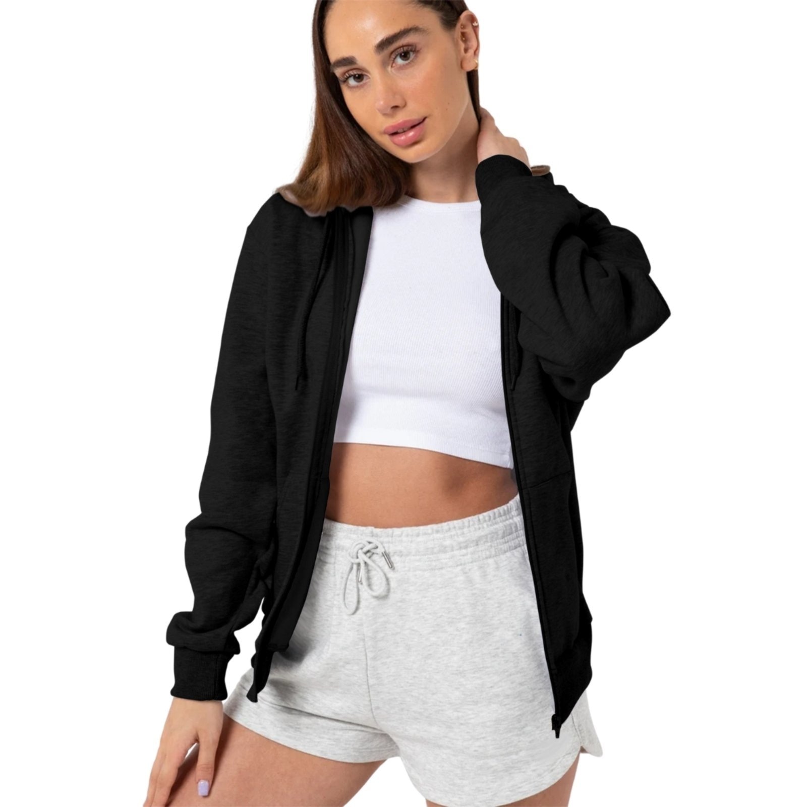Imagem principal Blusa Moletom Feminina de Zíper Com Capuz e Bolso Canguru 2 Cores Estilo Casual Liso Relaxado preto