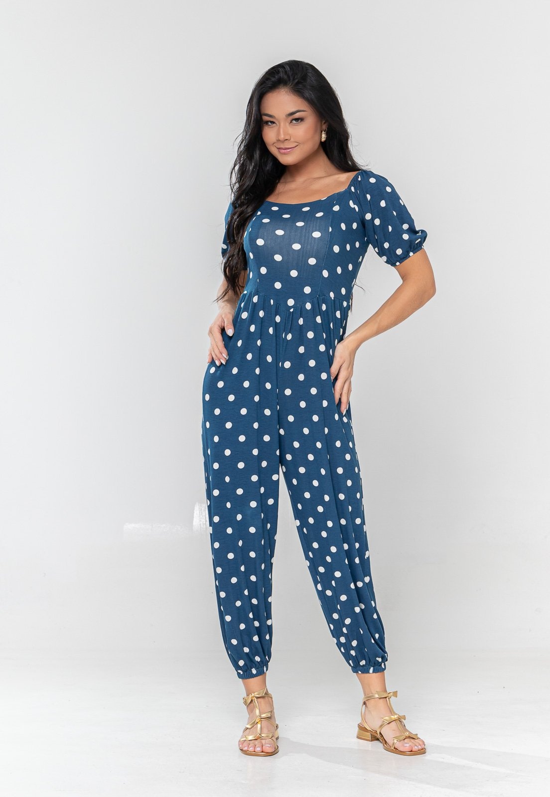 Imagem principal Macacão Aura Eloá Viscolycra Poá Marinho Aura azul marinho