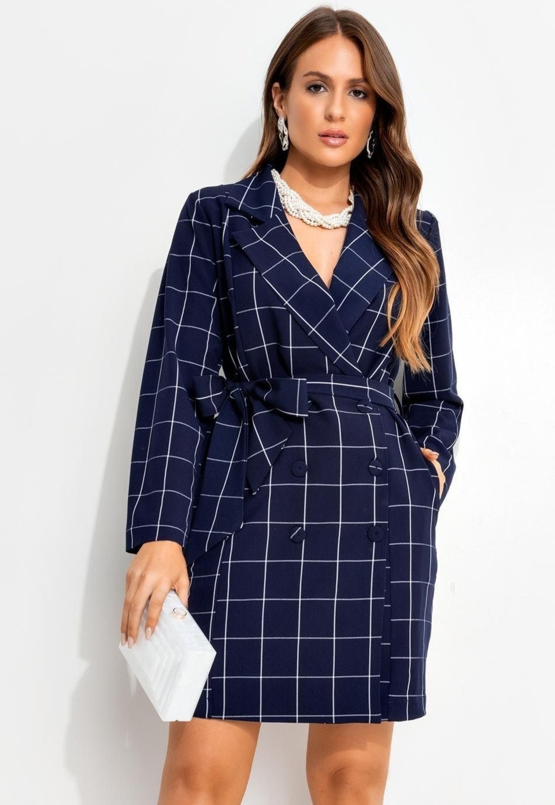 Imagem principal Vestido Em Tecido De Alfaiataria Xadrez Grid Quintess azul