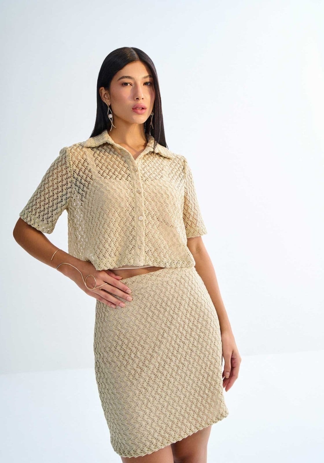 Saia Curta Crochet Cintura Alta