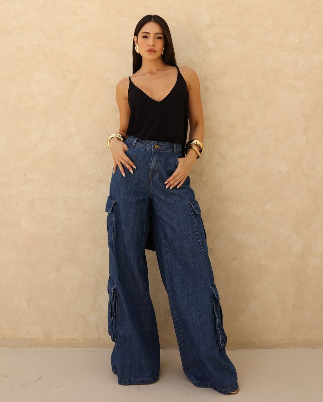 Imagem principal Calça Wide Leg Feminina Relaxed Cargo 24895 Escura Consciência jeans