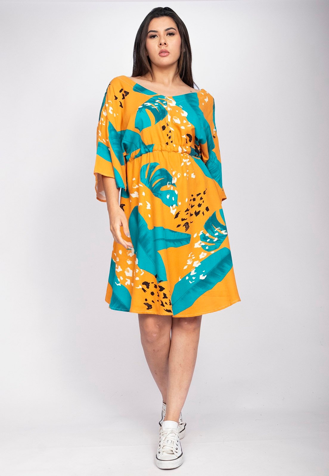 Imagem principal Vestido Curto CabanaFree Caaxixá Viscose com Cordão na Cintura Estampa Aurora Botânica Cabanafree azul/estampado/preto