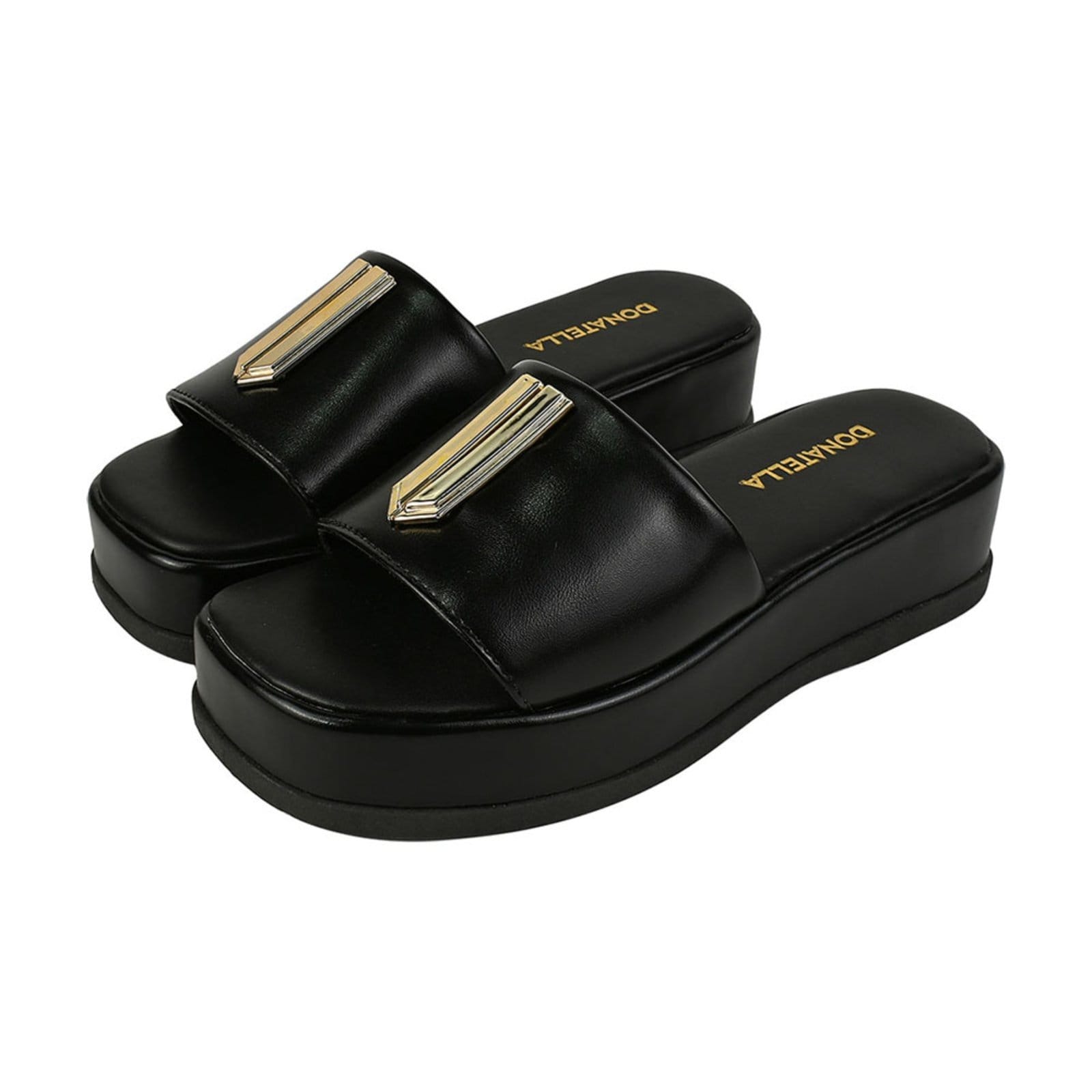 Tamanco Feminina Plataforma Donatella Shoes Sandalia Chinelo Flatform Moda Macia Enfeite Dourado
