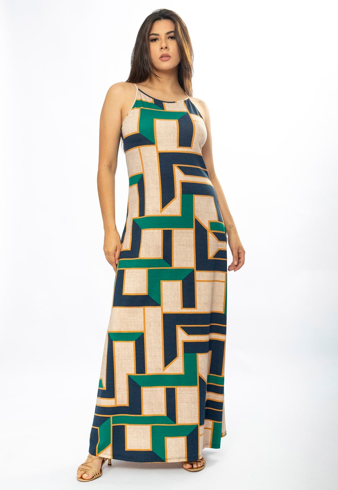 Imagem principal Vestido Longo Cabanafree Malha Trapézio Chapada de Areia Cabanafree azul/bege/estampado