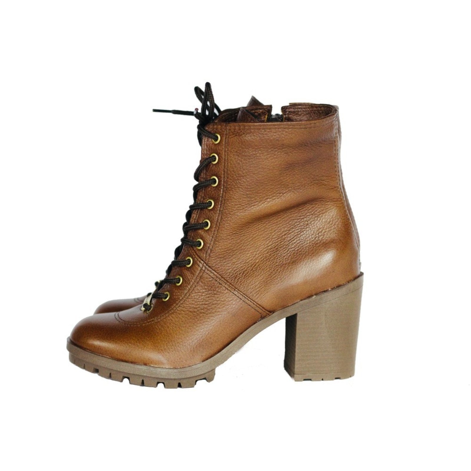 Imagem principal Coturno Com Cadarço Bico Redondo Salto Grosso 6 CM Couro Spinelli caramelo