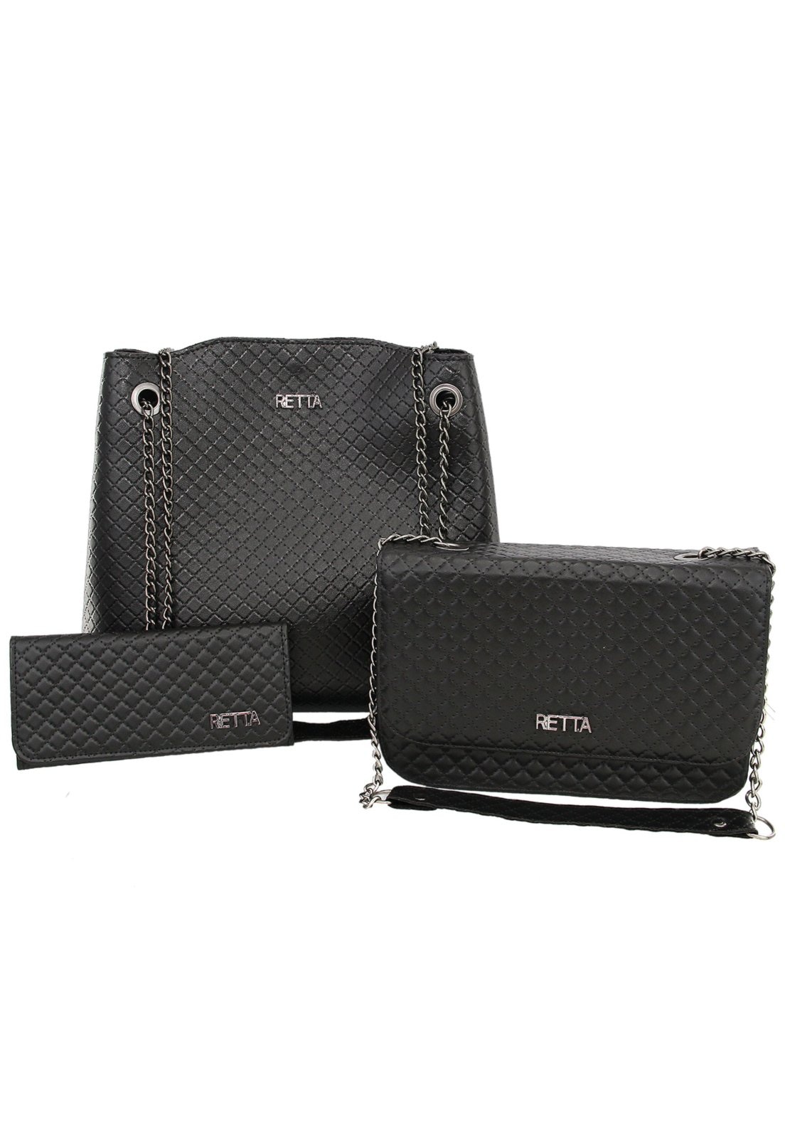 Imagem principal Kit 3 peças Retta Bolsa Saco, Bolsa Baú Pequena e Carteira preta Retta Shoes preto