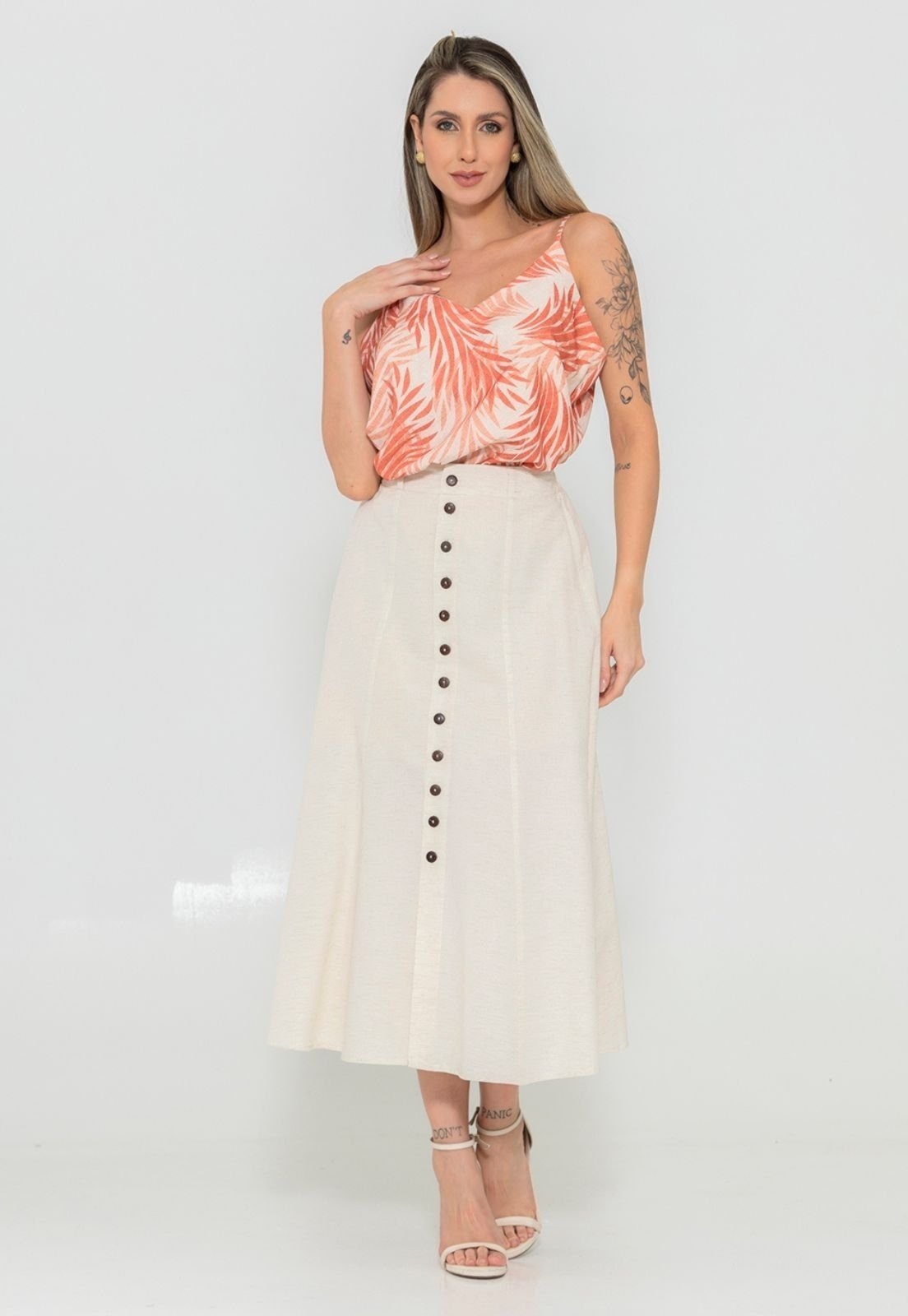 Imagem principal Conjunto Feminino Elegancy Premium Saia de Linho Premium e Blusa Regata Estampada Docce Mulher vermelho