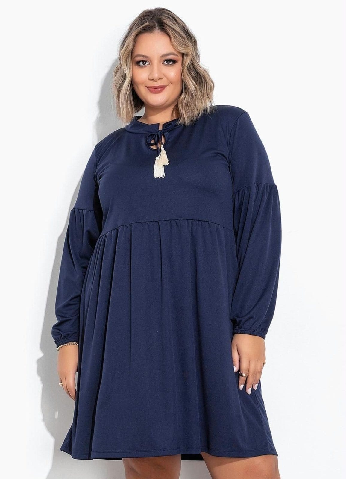 Vestido Mangas Bufantes Plus Size Marinho