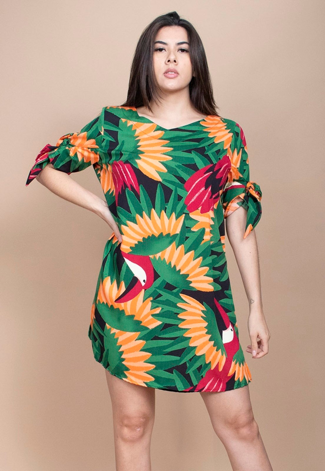 Imagem principal Vestido Curto Cabanafree Plano Estampa Festa dos Tucanos Cabanafree estampado/laranja/preto