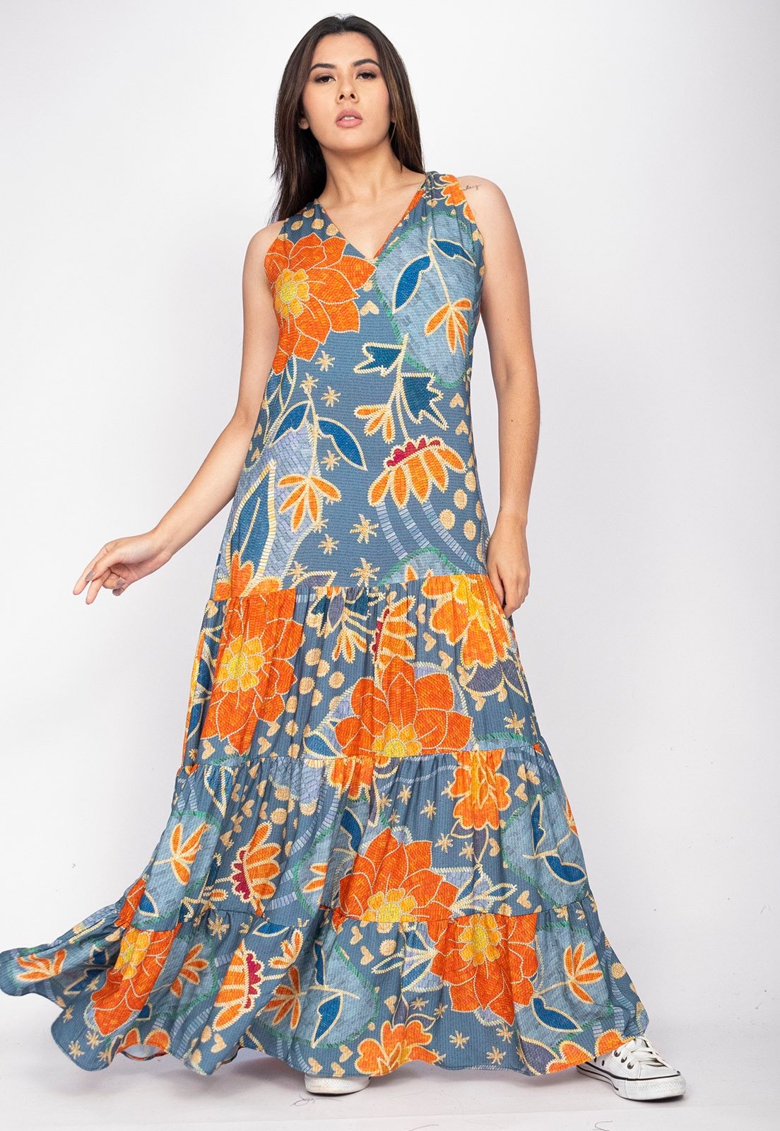 Imagem principal Vestido Aurora Longo Amazonia Vital Viscose Maré Amazonia Vital azul/estampado/floral