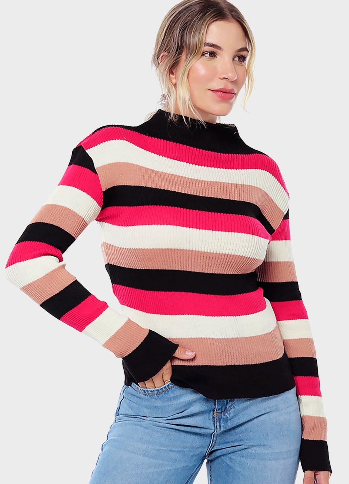 Blusa de Tricot Listrada Gola Alta Sob Rosa e Preta Preto