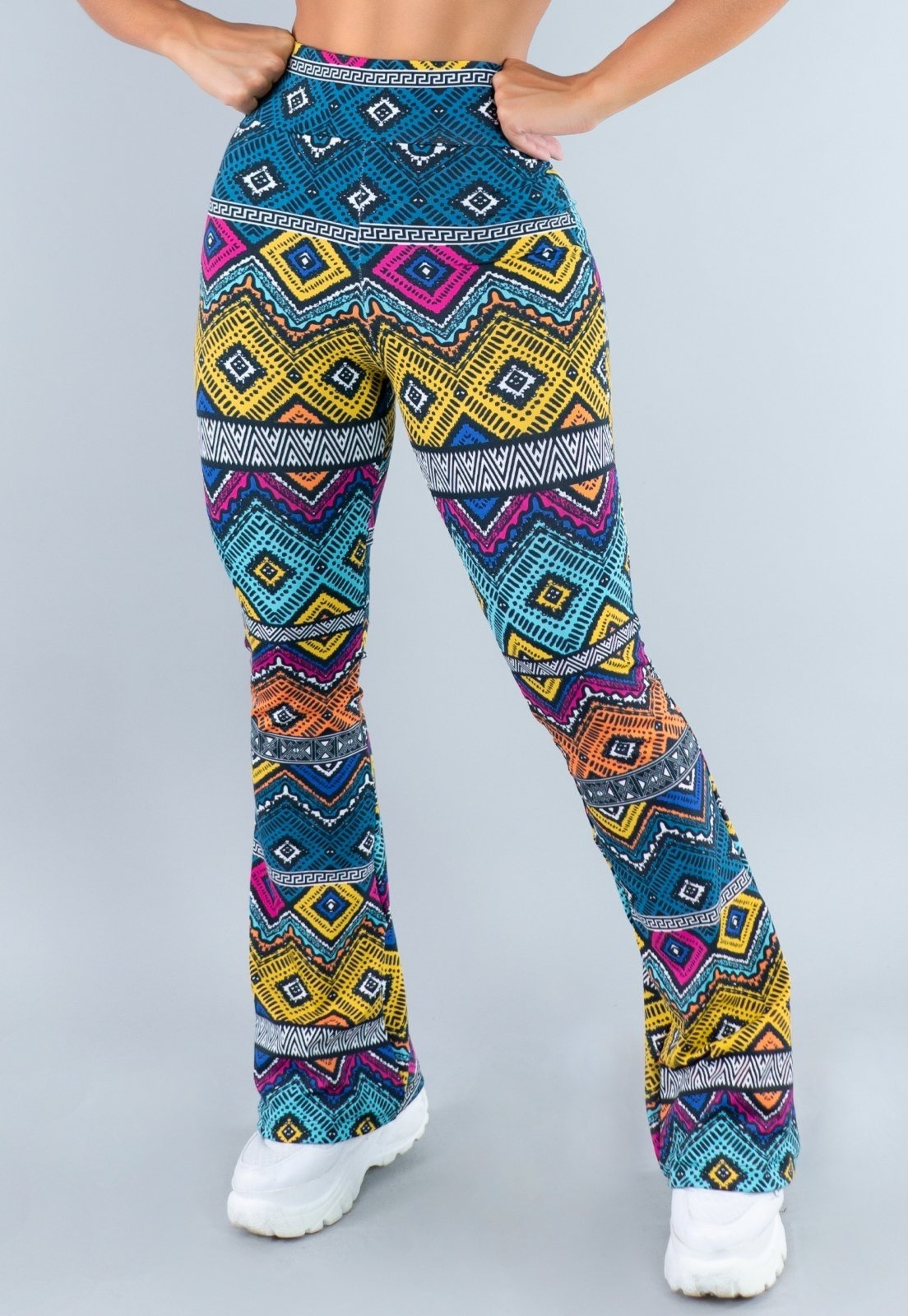 Imagem principal Calça MVB Modas Feminina Flare Pantalona Suplex Étnico Mvb Modas amarelo/azul/multicolorido/verde