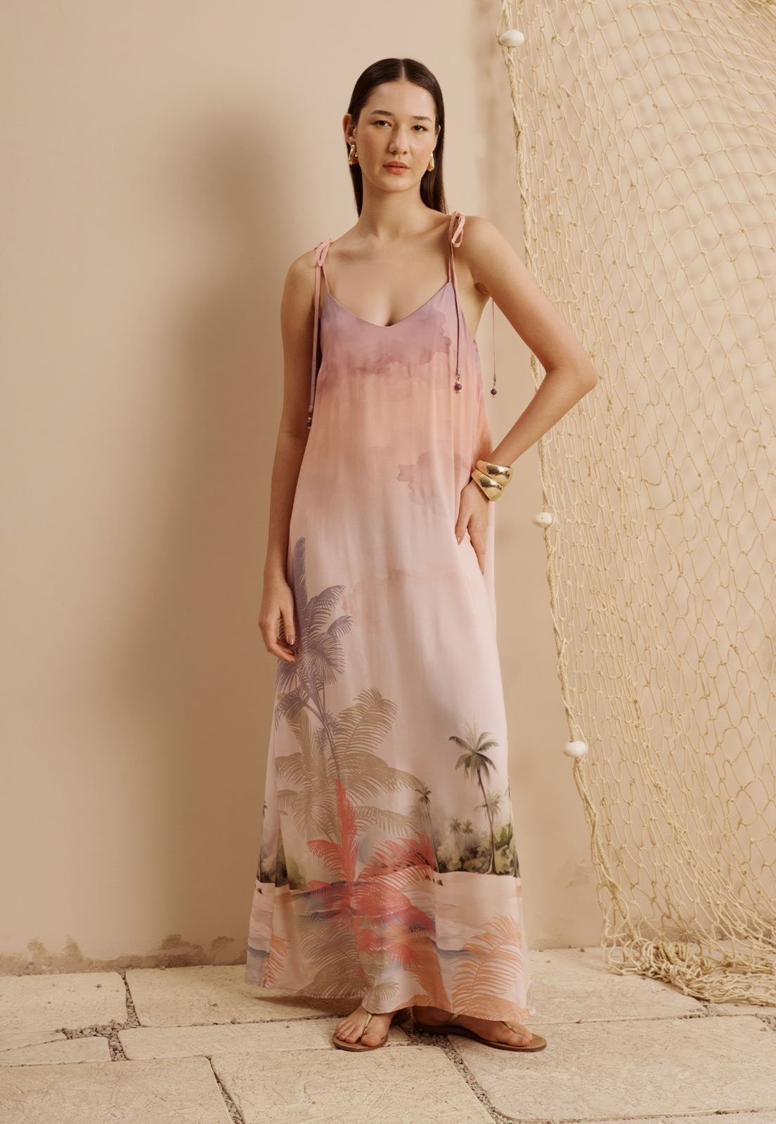 Imagem principal Vestido Longo Amarração Alça Estampado Ilha do Combu CaCay rosa