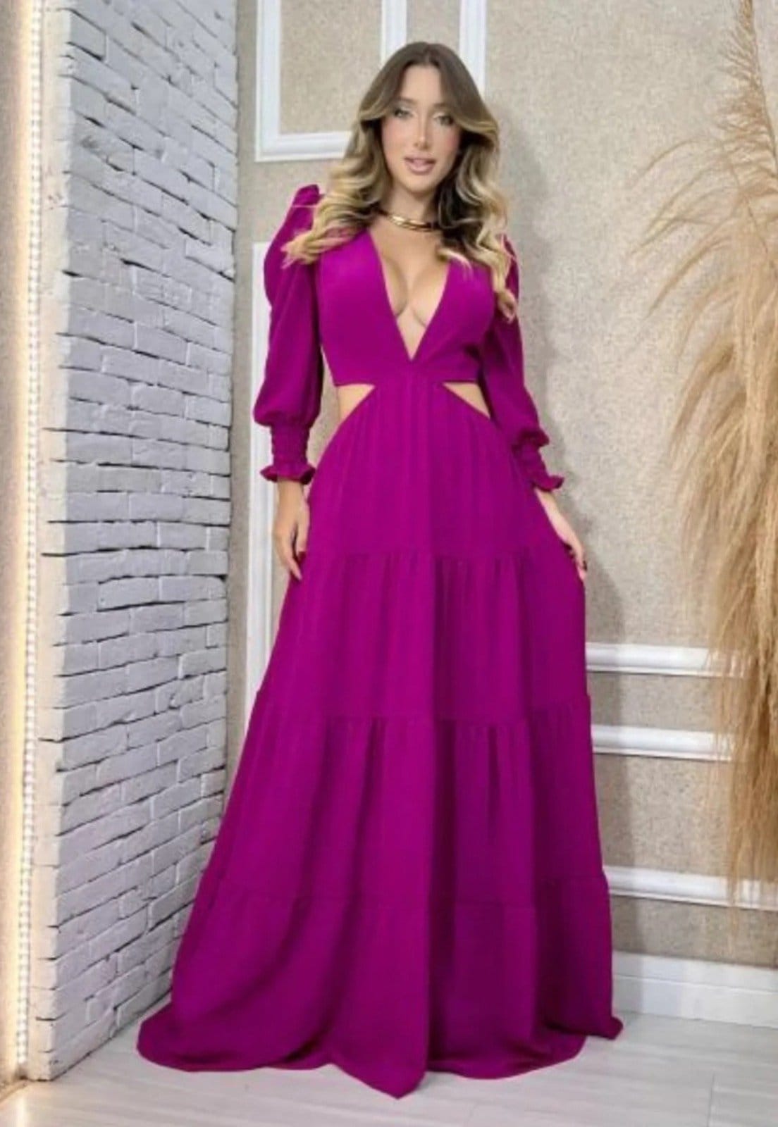 Vestido Manu Abertura Viscose Manga Longa Fucsia