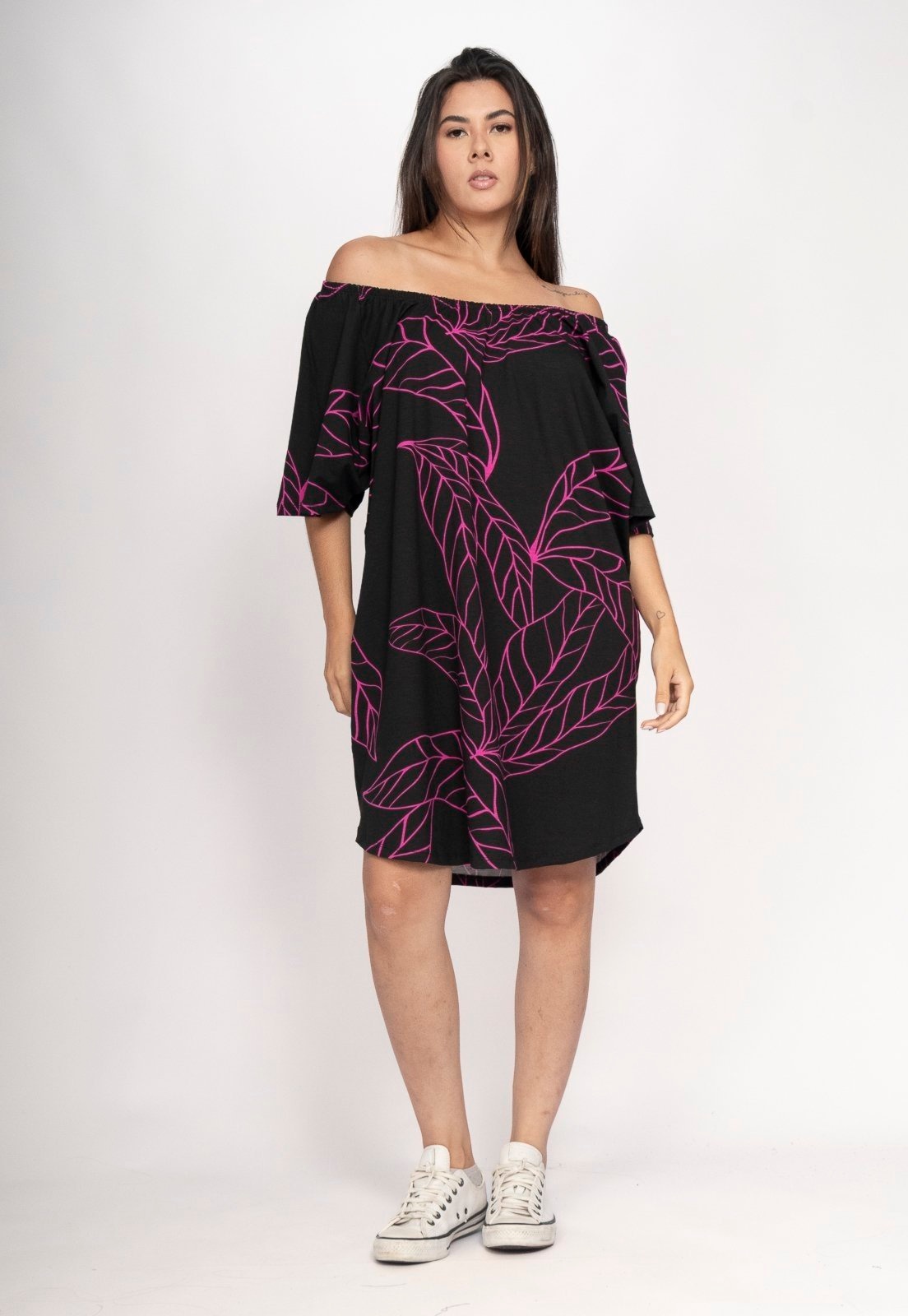 Imagem principal Vestido CabanaFree Curto Malha Ombro a Ombro Mullet Amplo Antúrios Lilás Cabanafree estampado