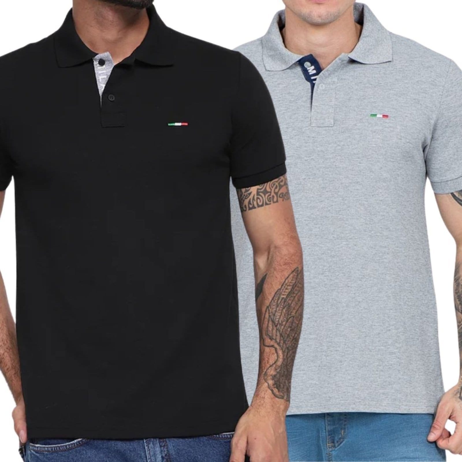 Kit 2 Polos Masculina Básicas Industrie Piquet no Estilo Tommy Bordado Itália Preto Cinza