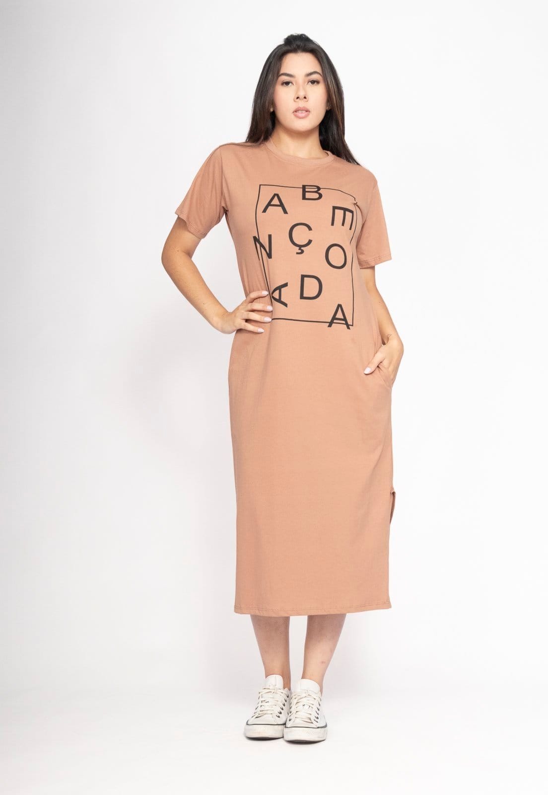 Vestido CabanaFree Midi Algodão Manga Curta Moda Evangélica Terra Clara