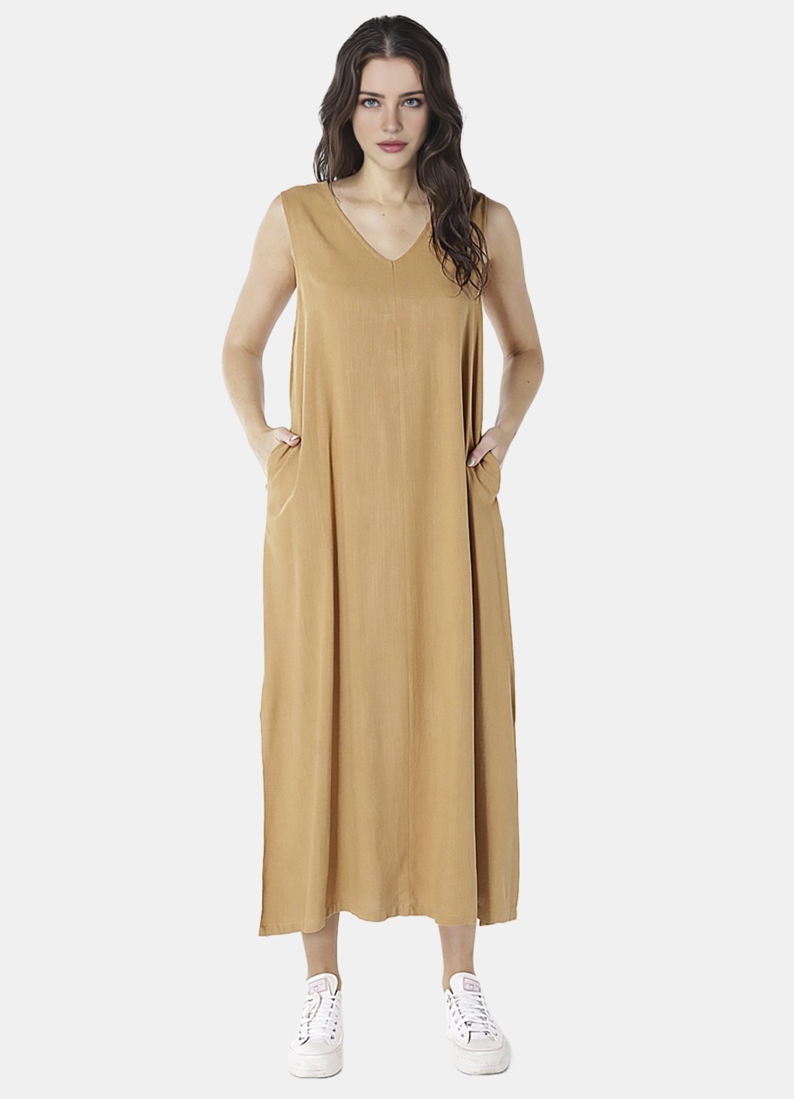 Imagem principal Vestido Longo de Linho Terracota Gola V com Bolsos SOB marrom