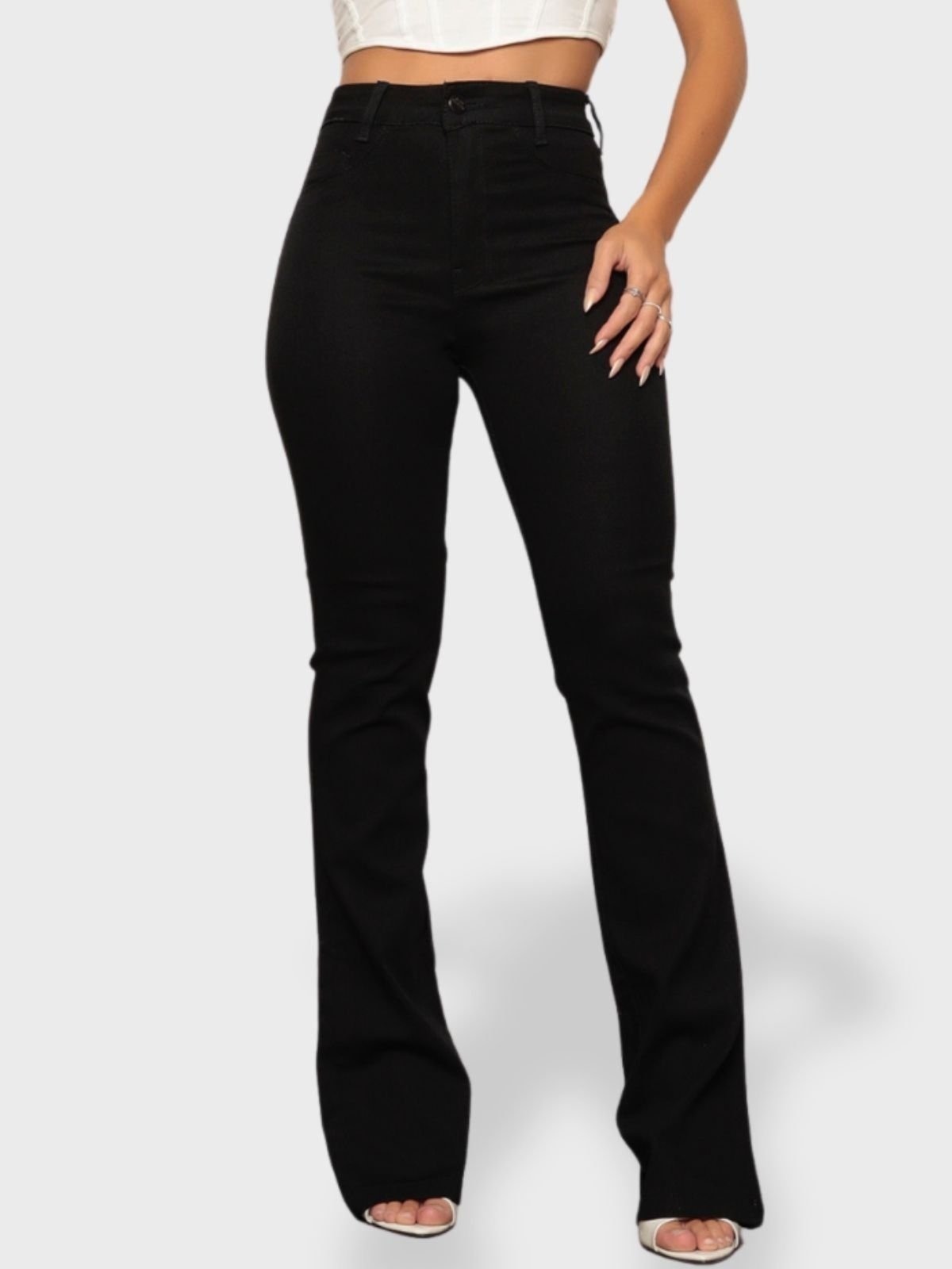 Imagem principal Calça Jeans Flare Boca de Sino Feminina Preta Cintura Alta Estilo Retro Safira Moda preto