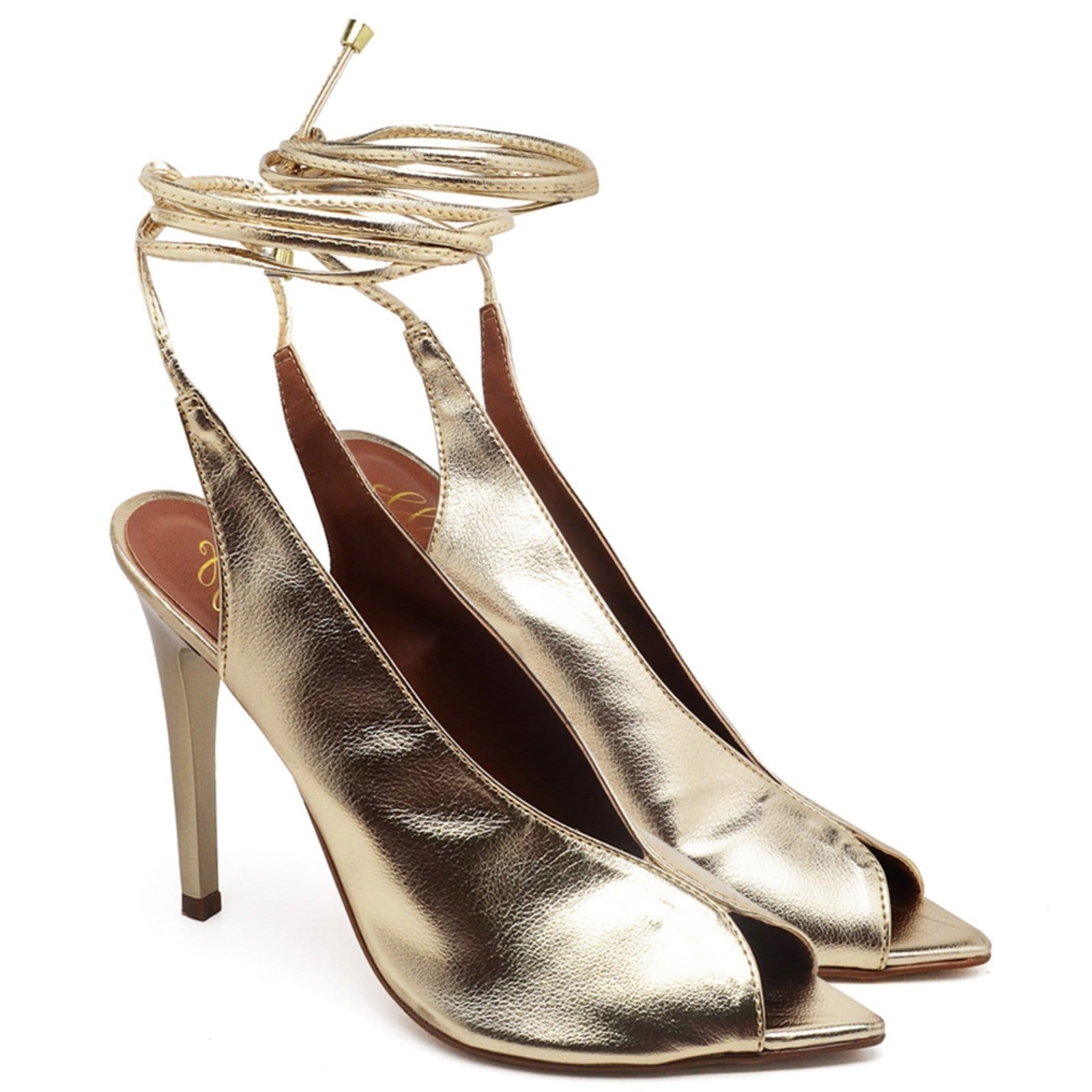 Sandália Salto Alto Bico Folha Metalic Ouro Light Ella's