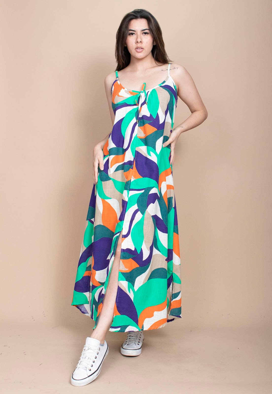 Imagem principal Vestido Longo Cabanafree Caçuá Viscose Alça Fina Estampa Brisa do Mar Cabanafree estampado/laranja/roxo