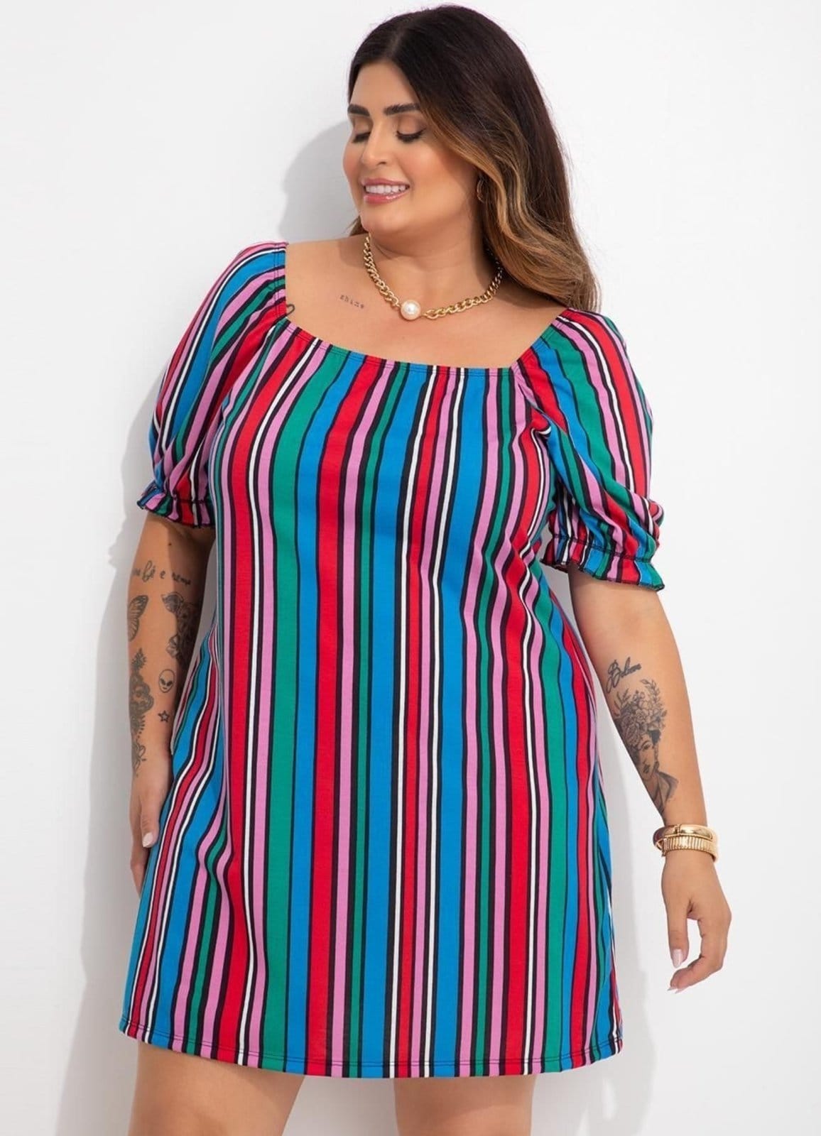 Vestido Em Malha Listrado Colorido