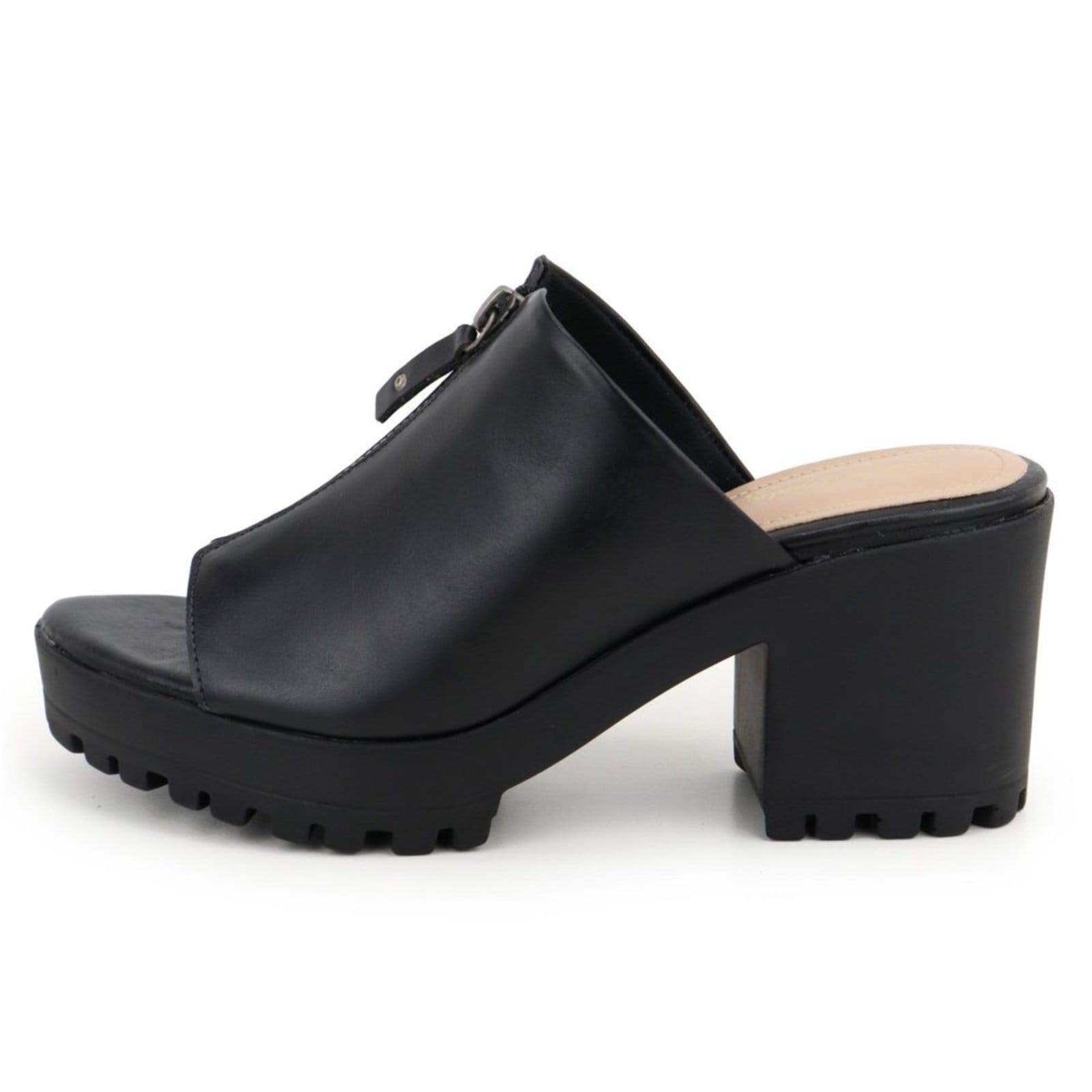 Tamanco Feminino Salto Bloco Zíper Tratorada em Couro Maria Paula