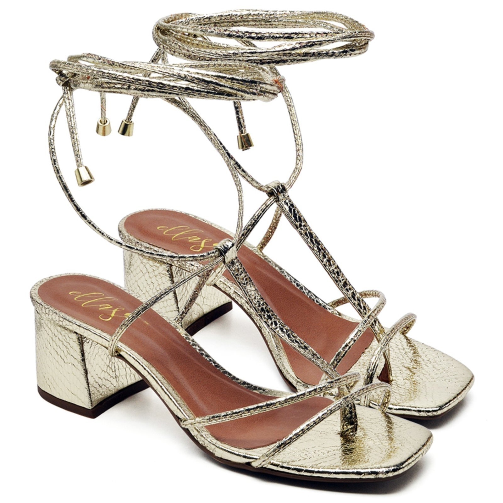 Imagem principal Sandália Bico Quadrado Salto Bloco Médio Cristal Ouro Light Ella's ZAFREM dourado