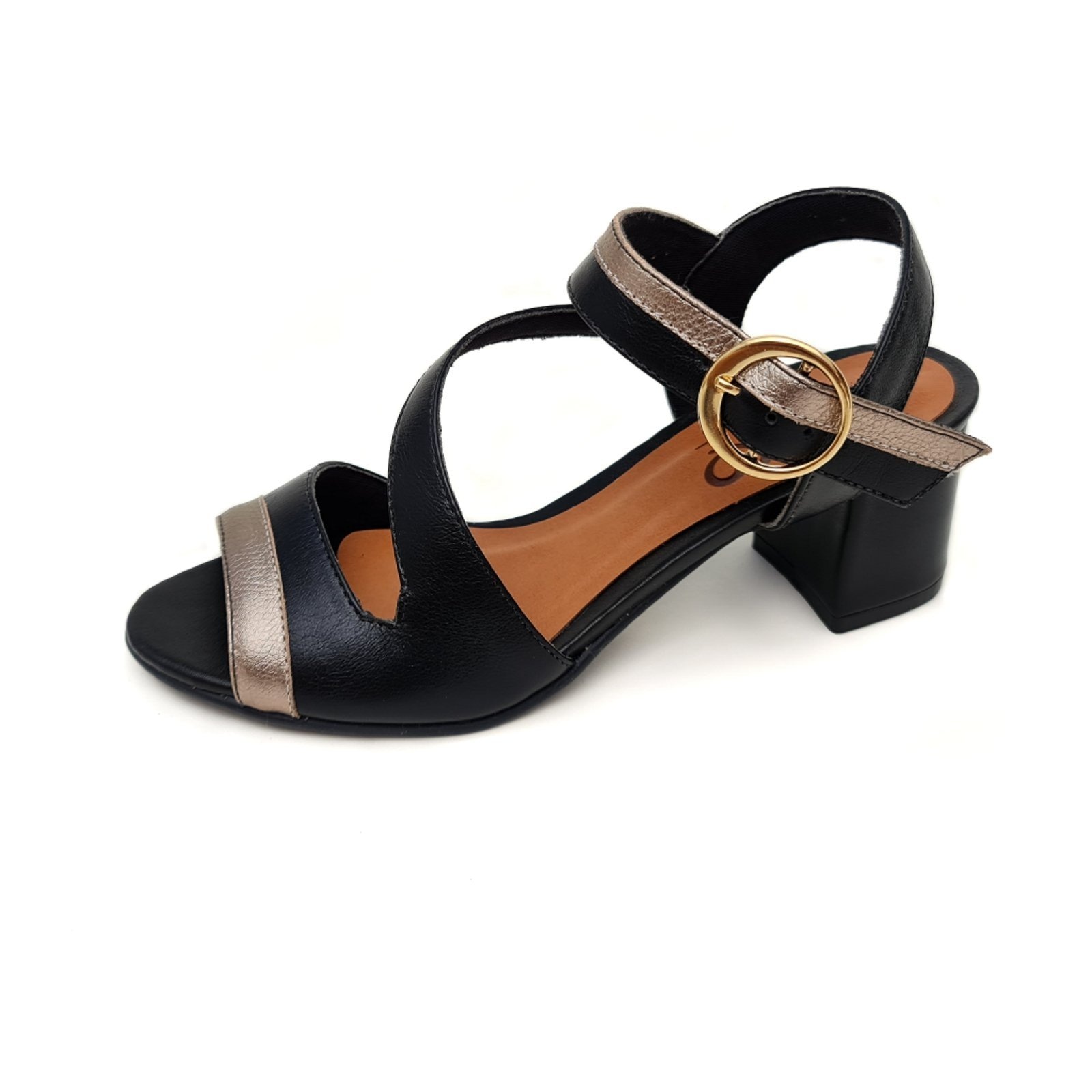 Imagem principal Sandália de Salto em Couro Amo Calçados Ive Preta com Ouro Velho Amo Calçados preto