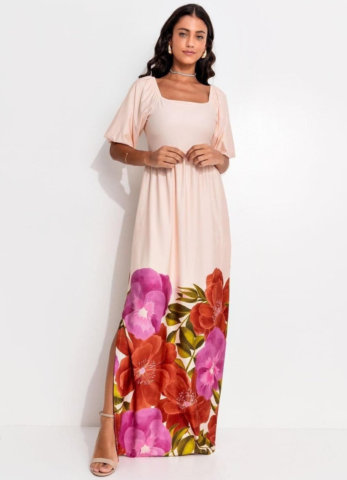 Vestido Malha Fria Floral Barrado Colorido