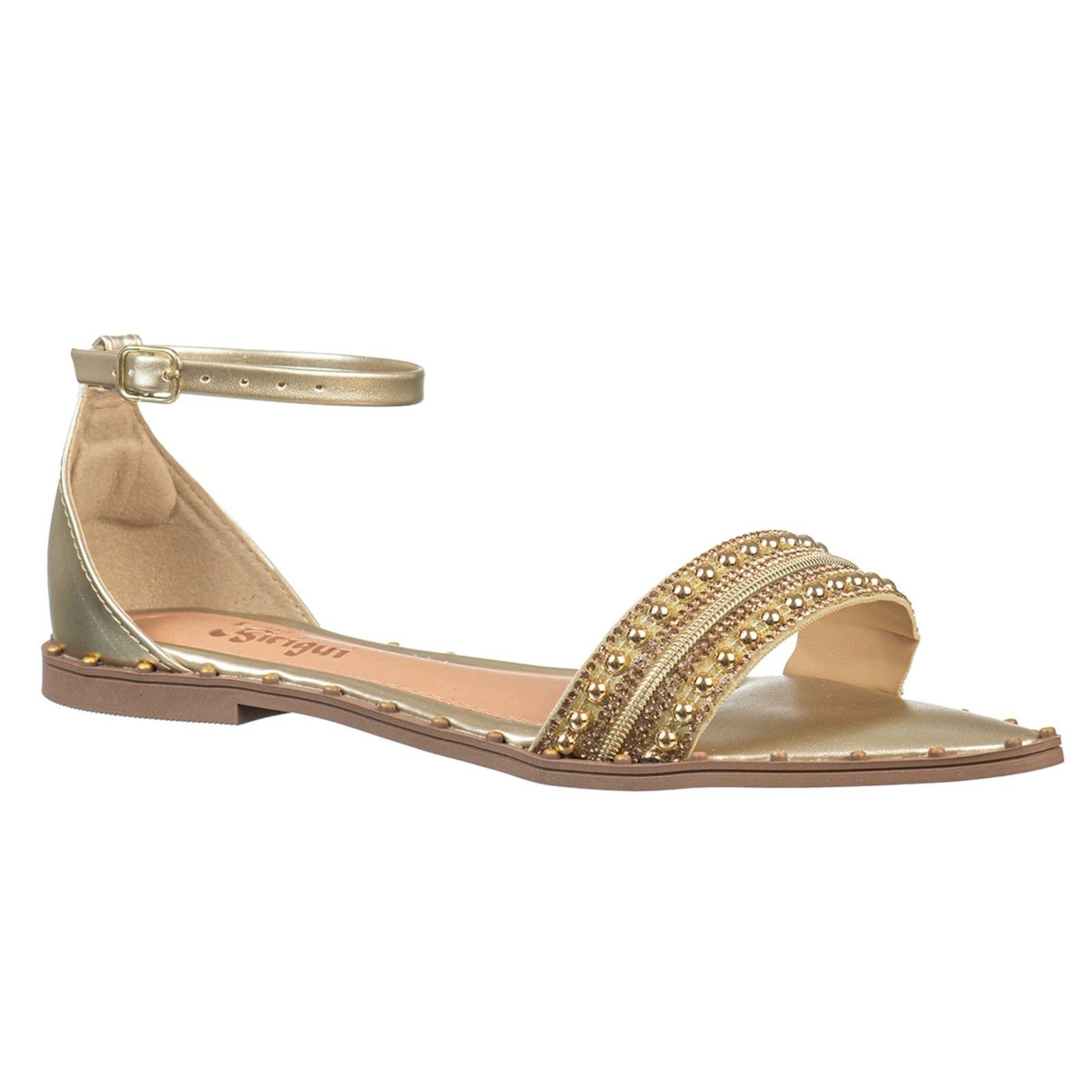 Sandália Feminina Com Detalhes Brilhantes Bico Folha- Via Birigui DOURADA