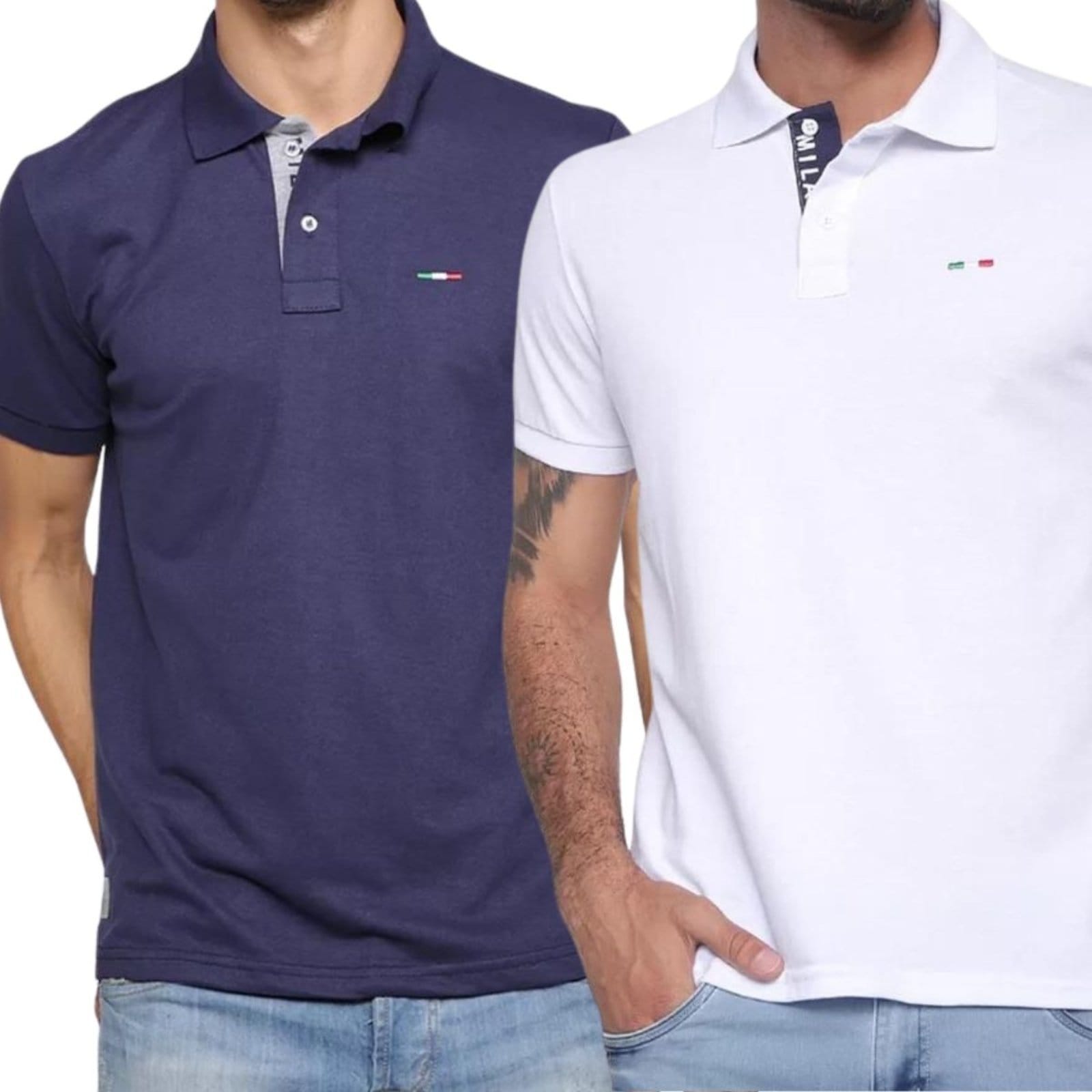 Kit 2 Polos Masculina Básicas Industrie Piquet no Estilo Tommy Bordado Itália Marinho Branco