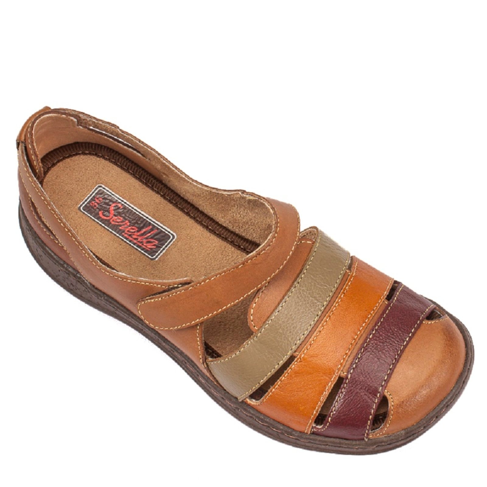 Imagem principal Sandália Baixa Conforto Serella Retrô 7073 Tiras coloridas Serella bege/caramelo/castanho