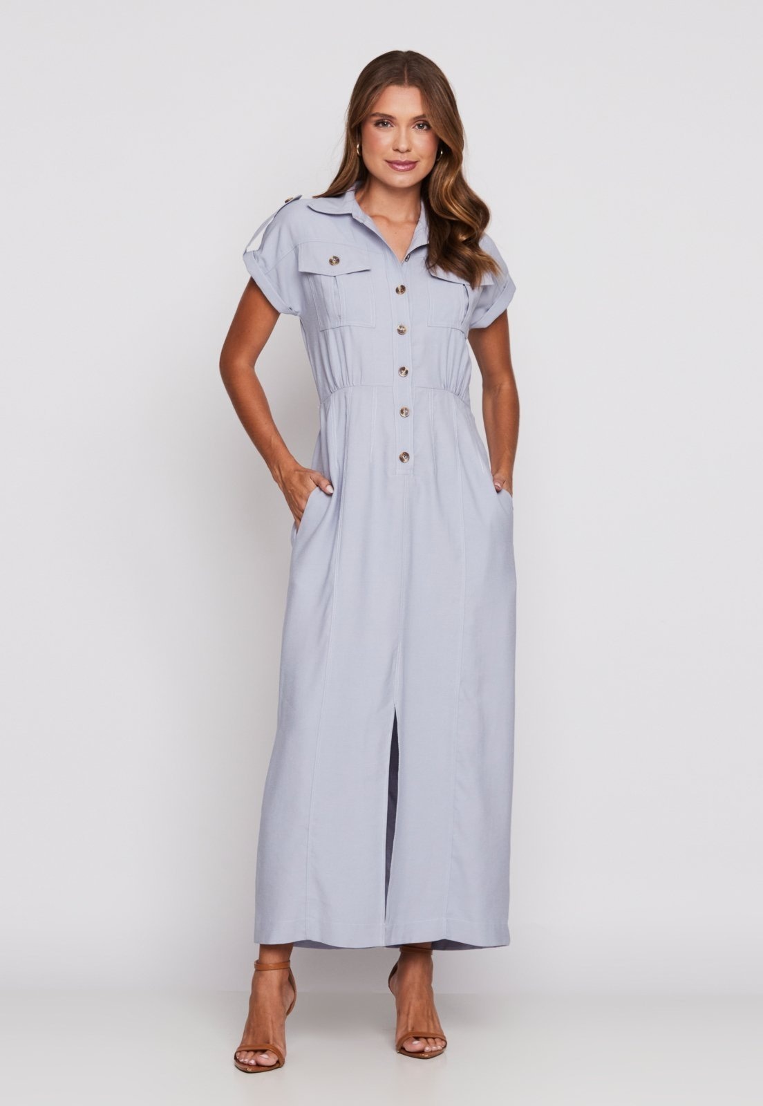 Imagem principal Vestido Chemise Miss Joy 8239 Longo Utilitário Alfaiataria Claro MISS BY JOY azul