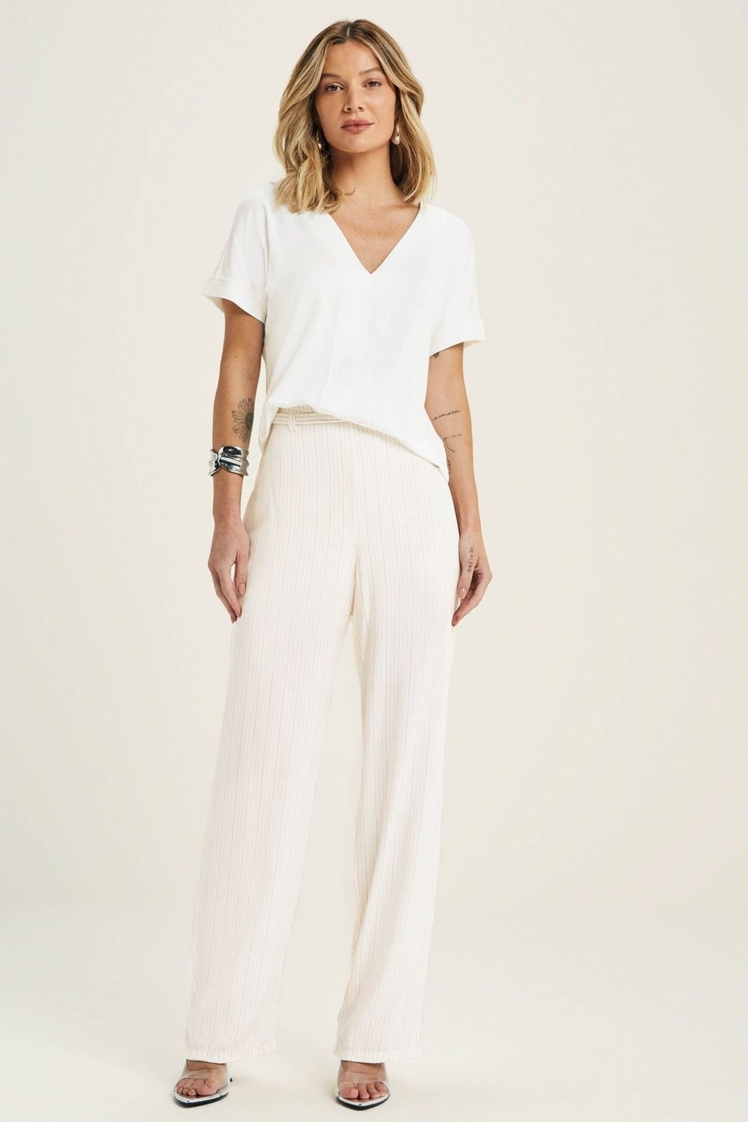 Imagem principal Calça Pantalona Feminina Listrada Marialícia Marialícia bege