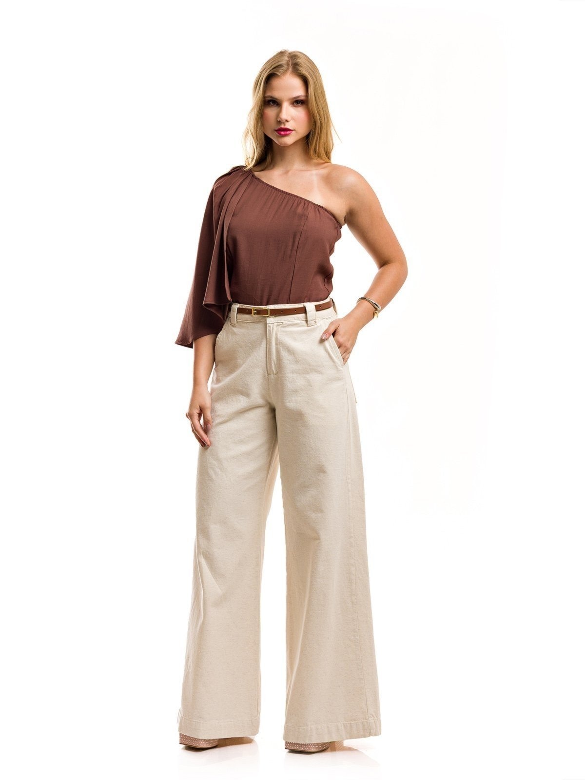 Imagem principal Calça Restrito Jeans Super Pantalona de Linho com Cinto Restrito Jeans bege