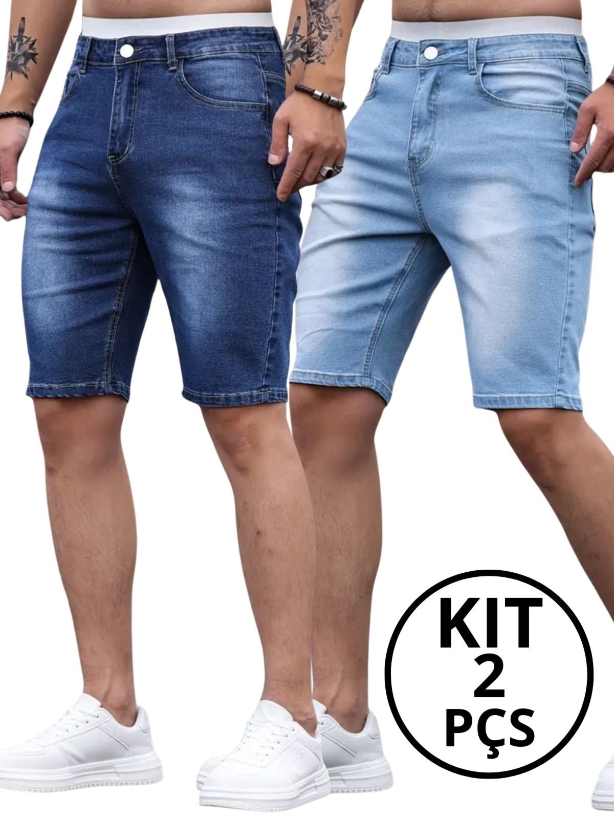 Imagem principal Kit 2 Bermudas Masculina Kovali Skinny Com Elastano Moderna Conforto E Estilo Clara e Escura KOVALI FASHION STORE azul/jeans
