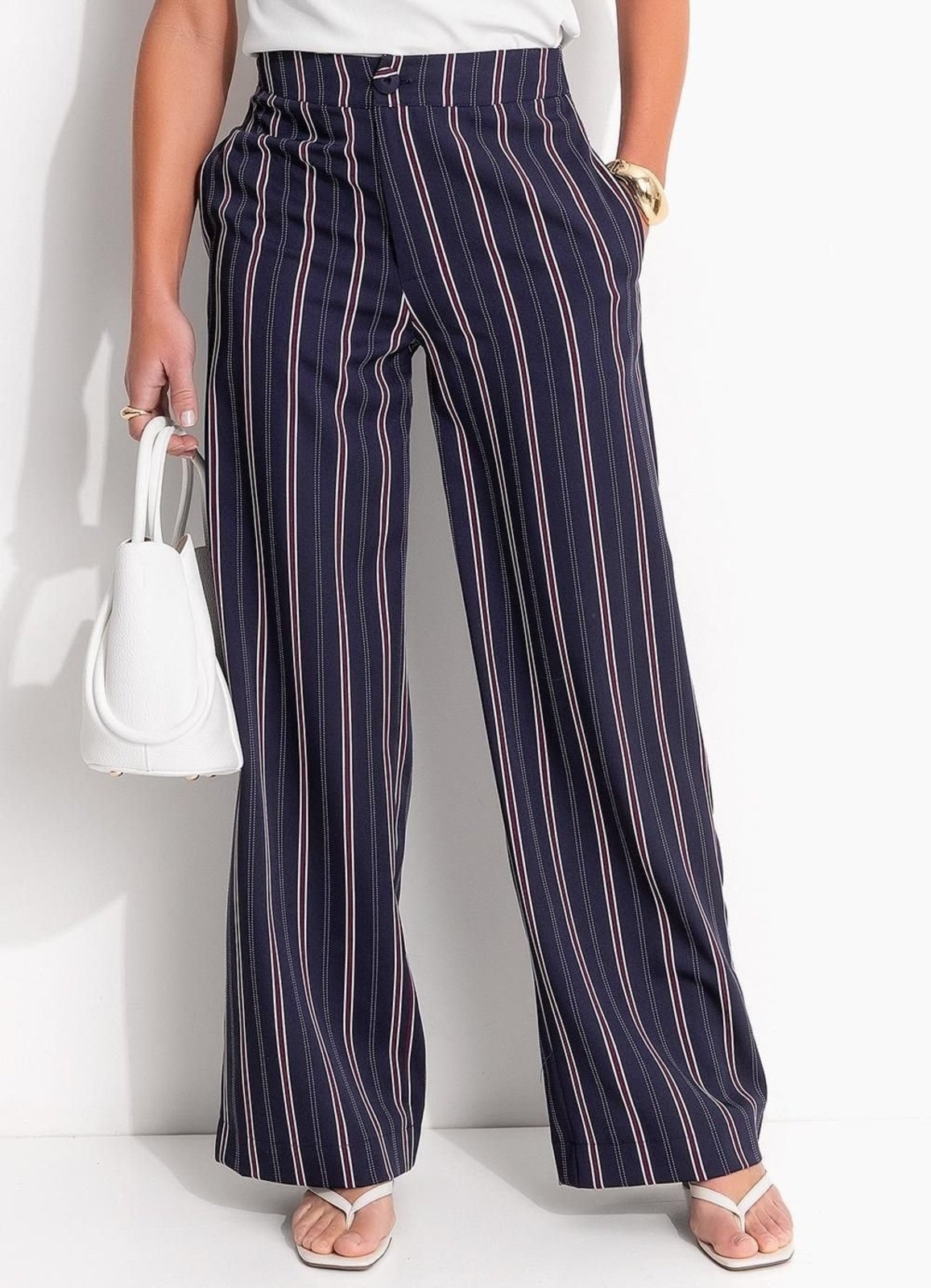 Imagem principal Calça Em Poliéster Com Elastano Listrado Marinho Quintess azul