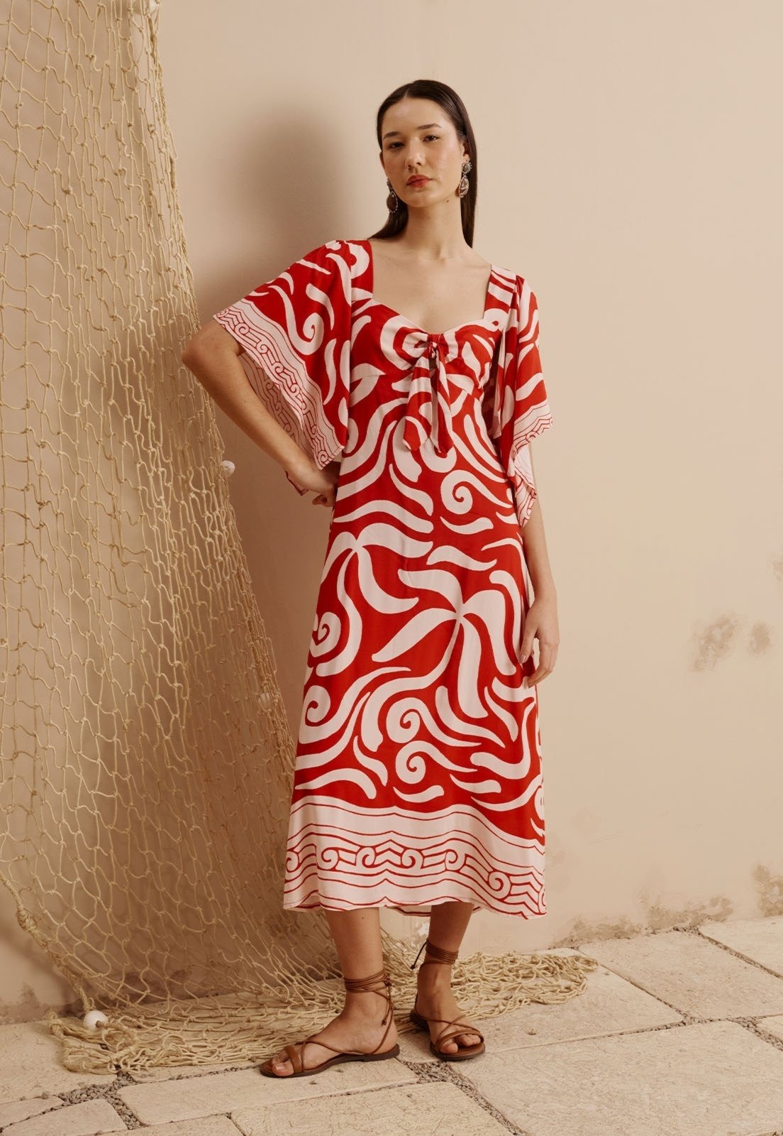 Imagem principal Vestido Midi Manga Decote Nó Estampado Pororoca CaCay vermelho