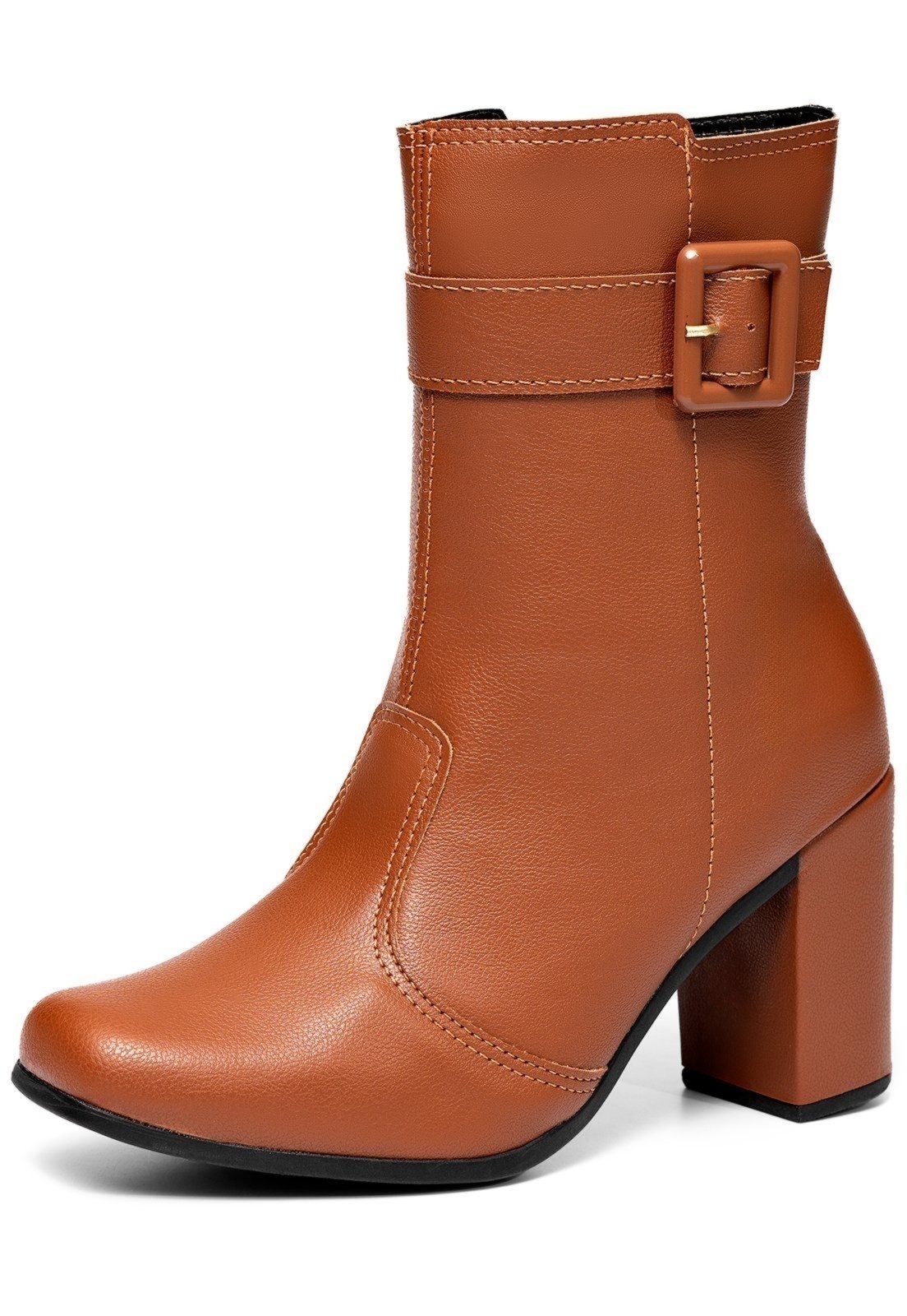 Imagem principal Bota Feminina Lumiss Confortável Cano Médio Salto Alto Bloco Fivela Bico Quadrado LUMISS caramelo