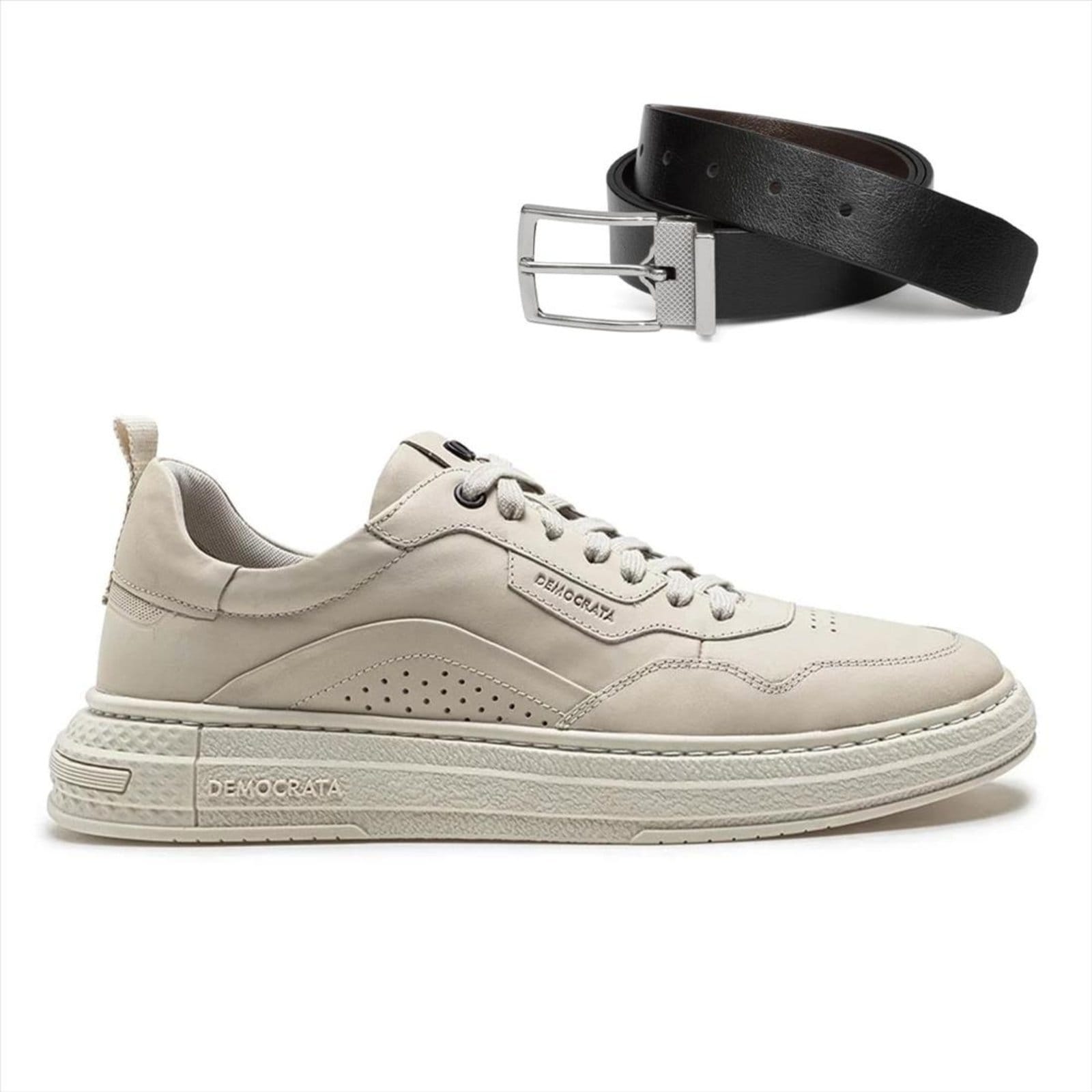 Tênis Couro Democrata Masculino Denim Jake 240201 + Cinto Dupla Face