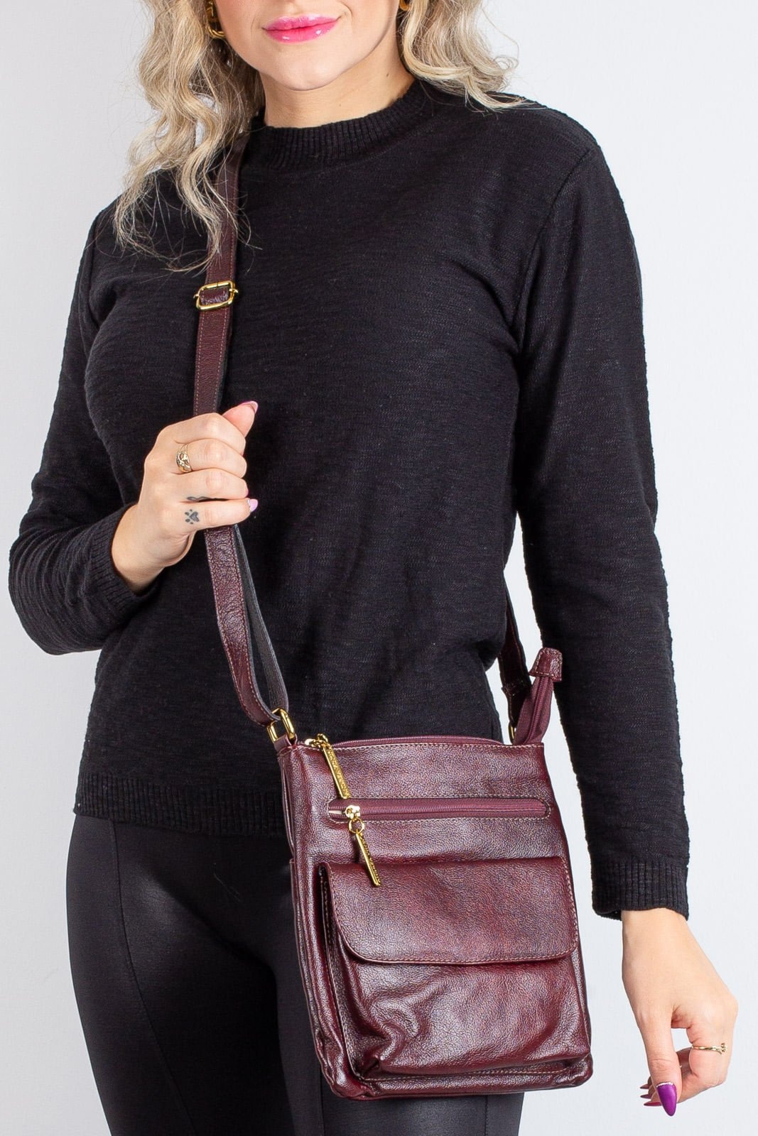 Imagem principal Bolsa Andrea Vinci pequena transversal de couro liso Alana - Marsala Andrea Vinci vermelho