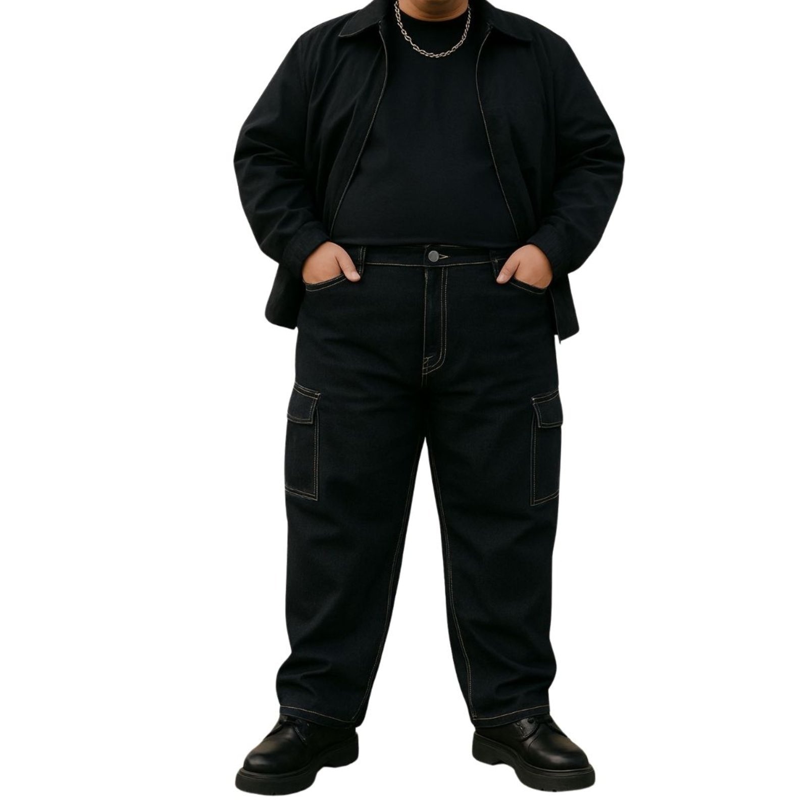 Imagem principal Calça Masculina Plus Size Cargo Preta Sarja com Linha Branca Jeans Ligth JEANS LIGHT preto