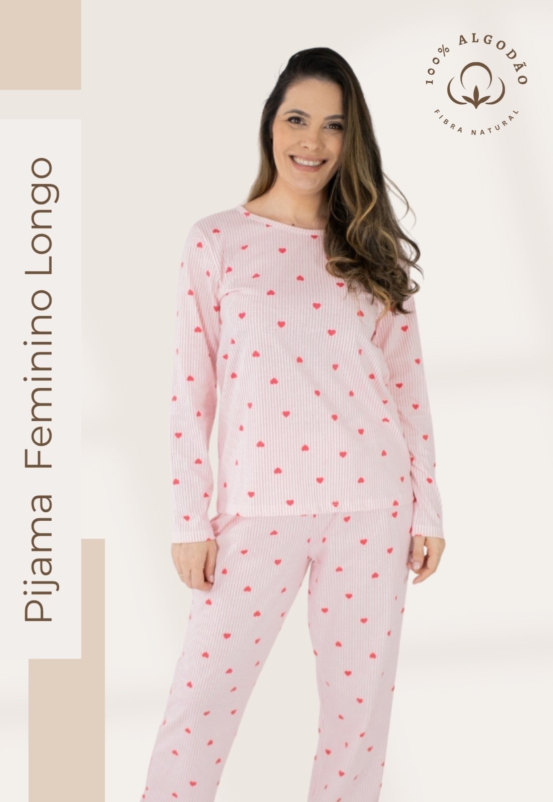 Imagem principal Pijama Algodão Feminino Básico Piante Melissa Corações Listrado Piante vermelho